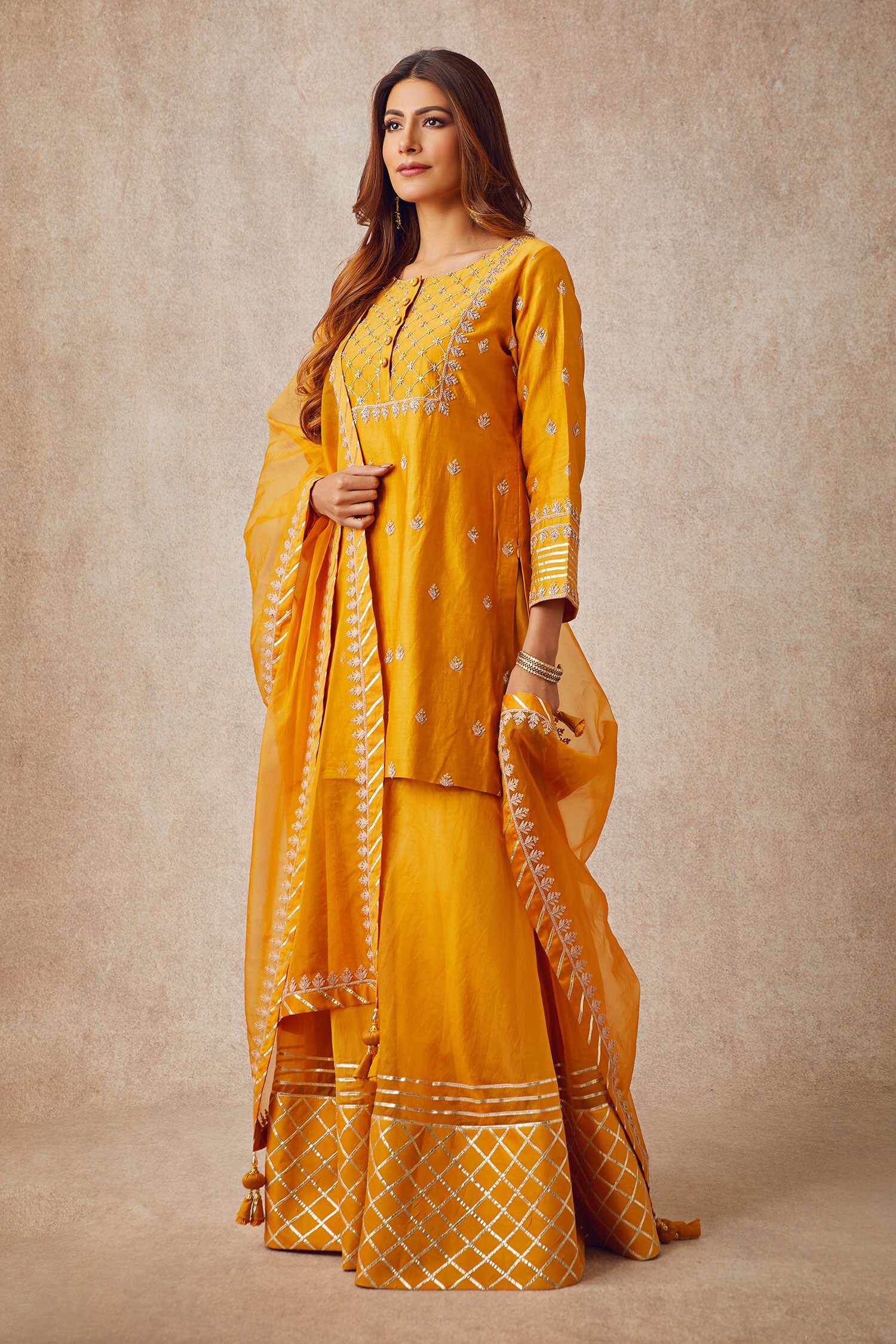 Buy Yellow Chanderi Round Kurta Gharara Set For Women By Ajiesh Oberoi