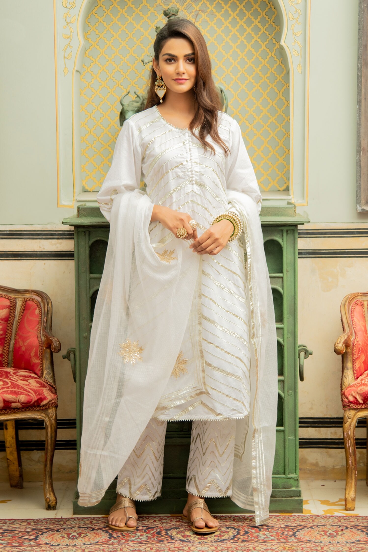 Buy White Cotton Embroidery Round Gota Kurta Set For Women By Maison