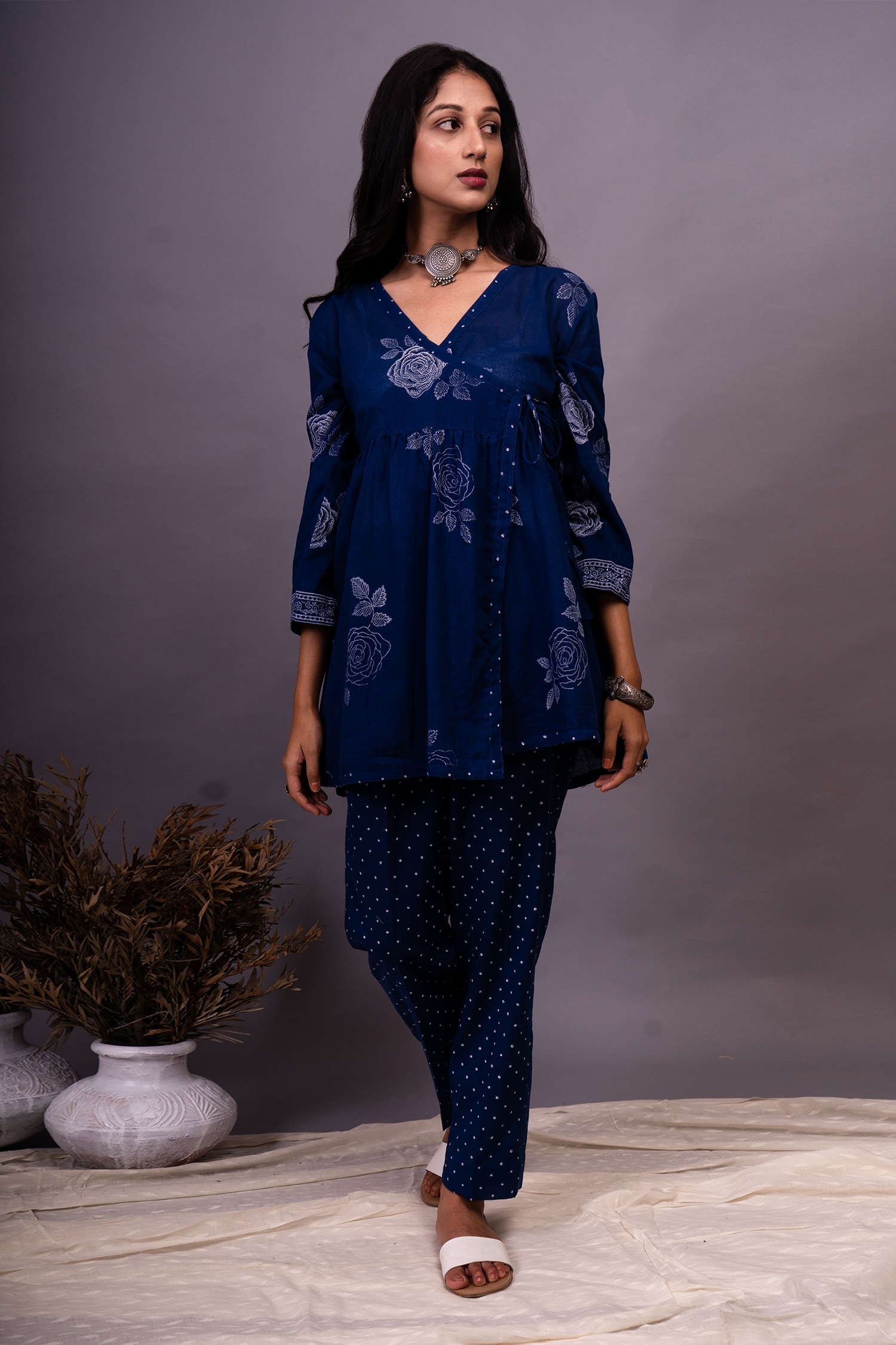 Buy Blue Cotton Printed Floral Block V Neck Angrakha For Women By