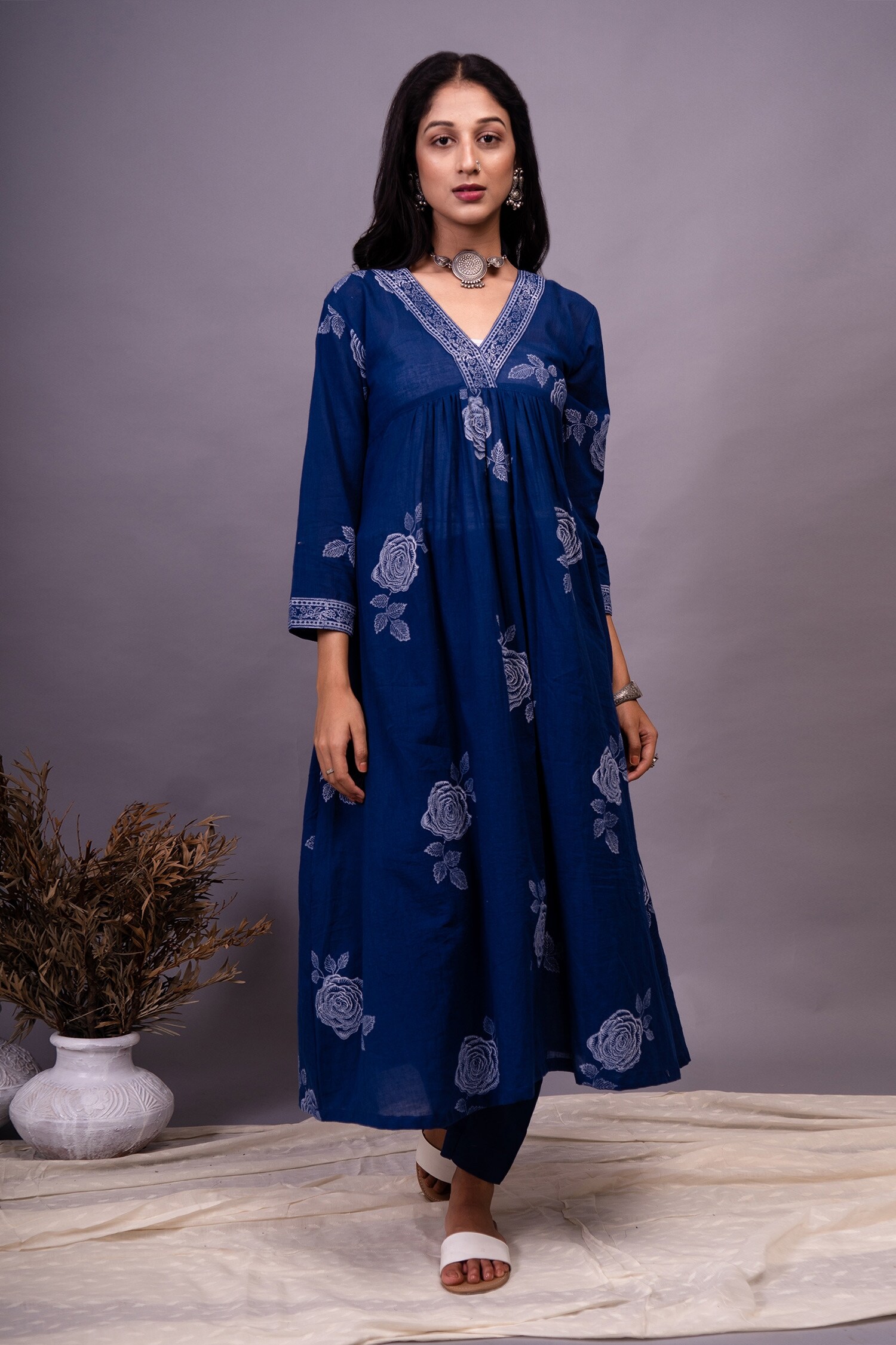 Buy Blue Cotton Printed Floral Block V Gathered Kurta And Pant Set For