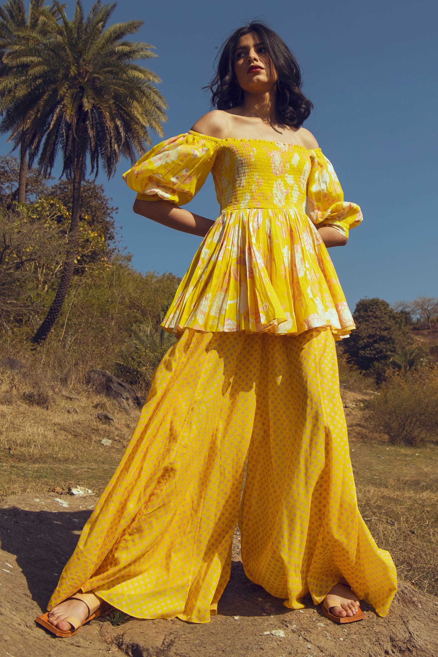 Buy Paulmi And Harsh Yellow Cotton Silk Off Shoulder Peplum Tunic And