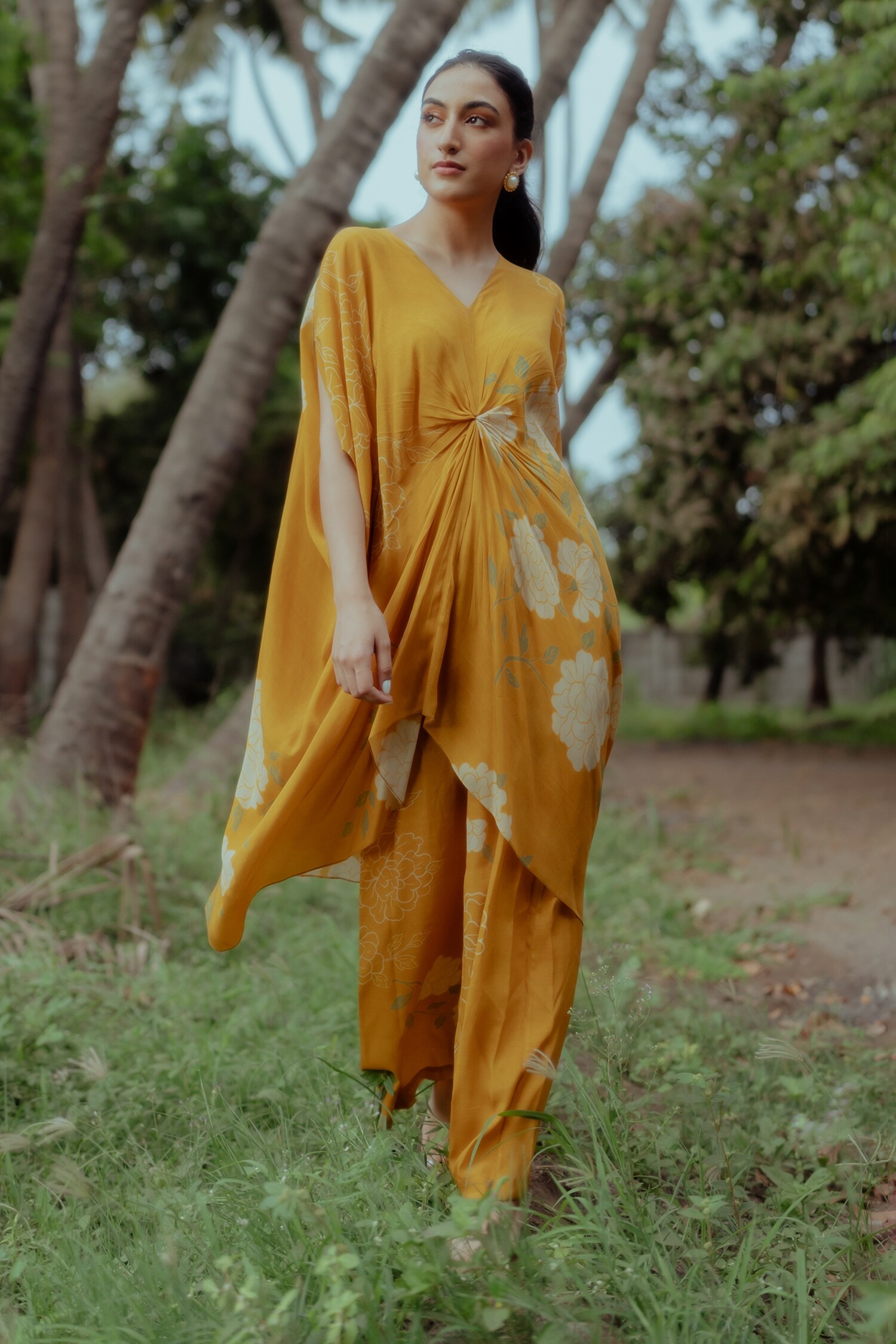 Buy Yellow Pure Crepe Rose V Neck Kaftan And Pant Co Ord Set For Women