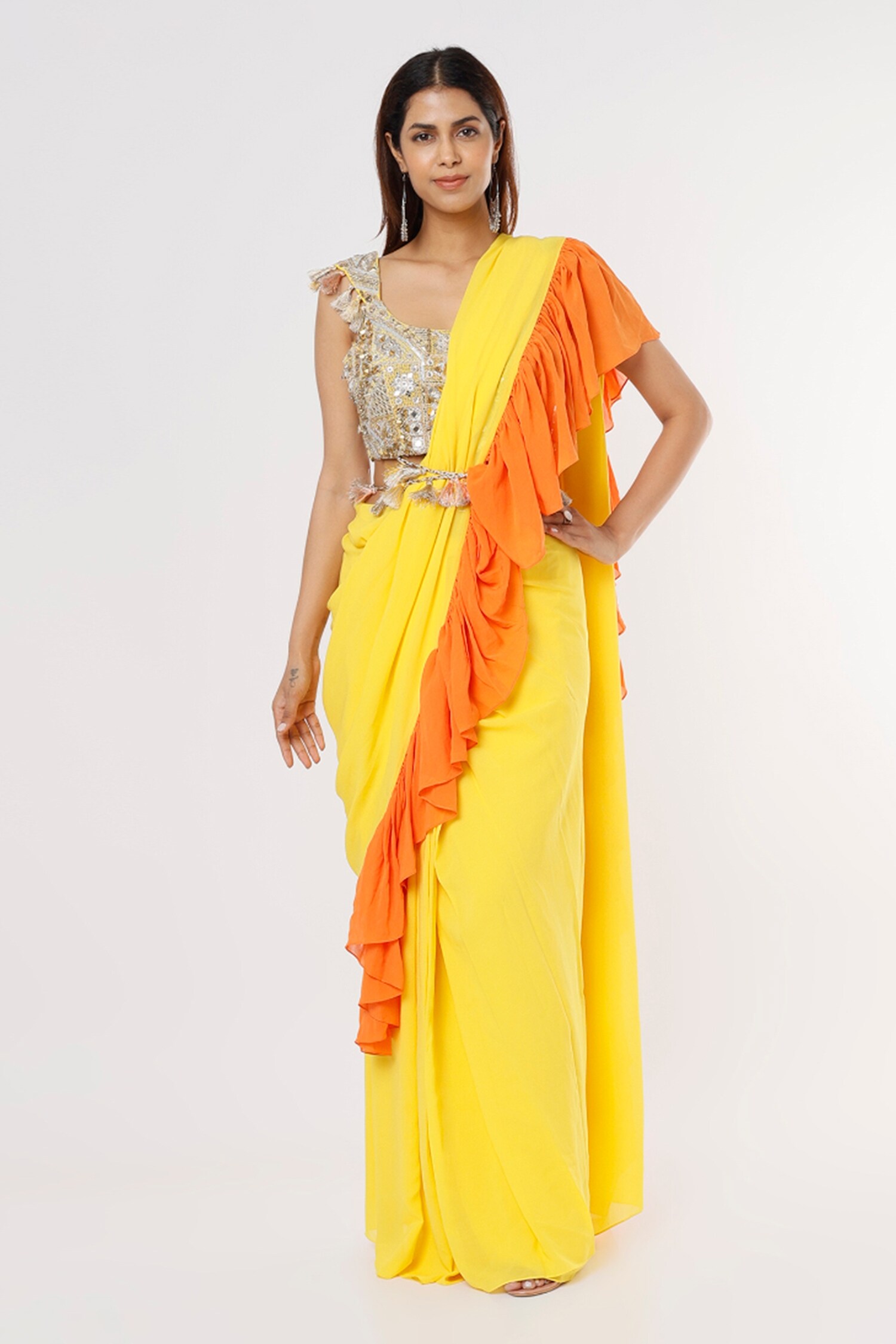 Buy Payal Singhal Yellow Georgette Frill Border Saree With Blouse