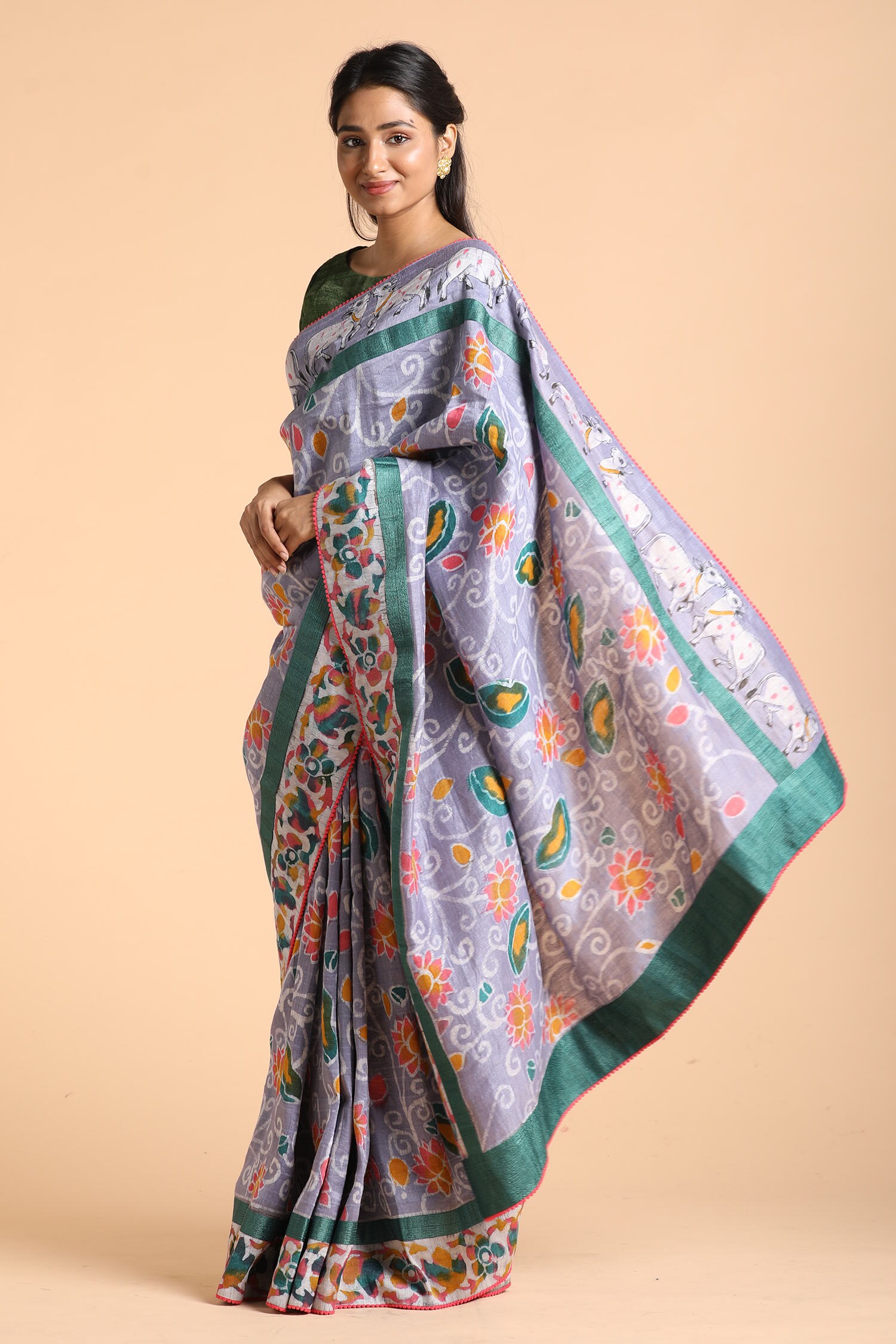 Buy Label Pratham Blue Pichwai Tussar Linen Saree Online Aza Fashions