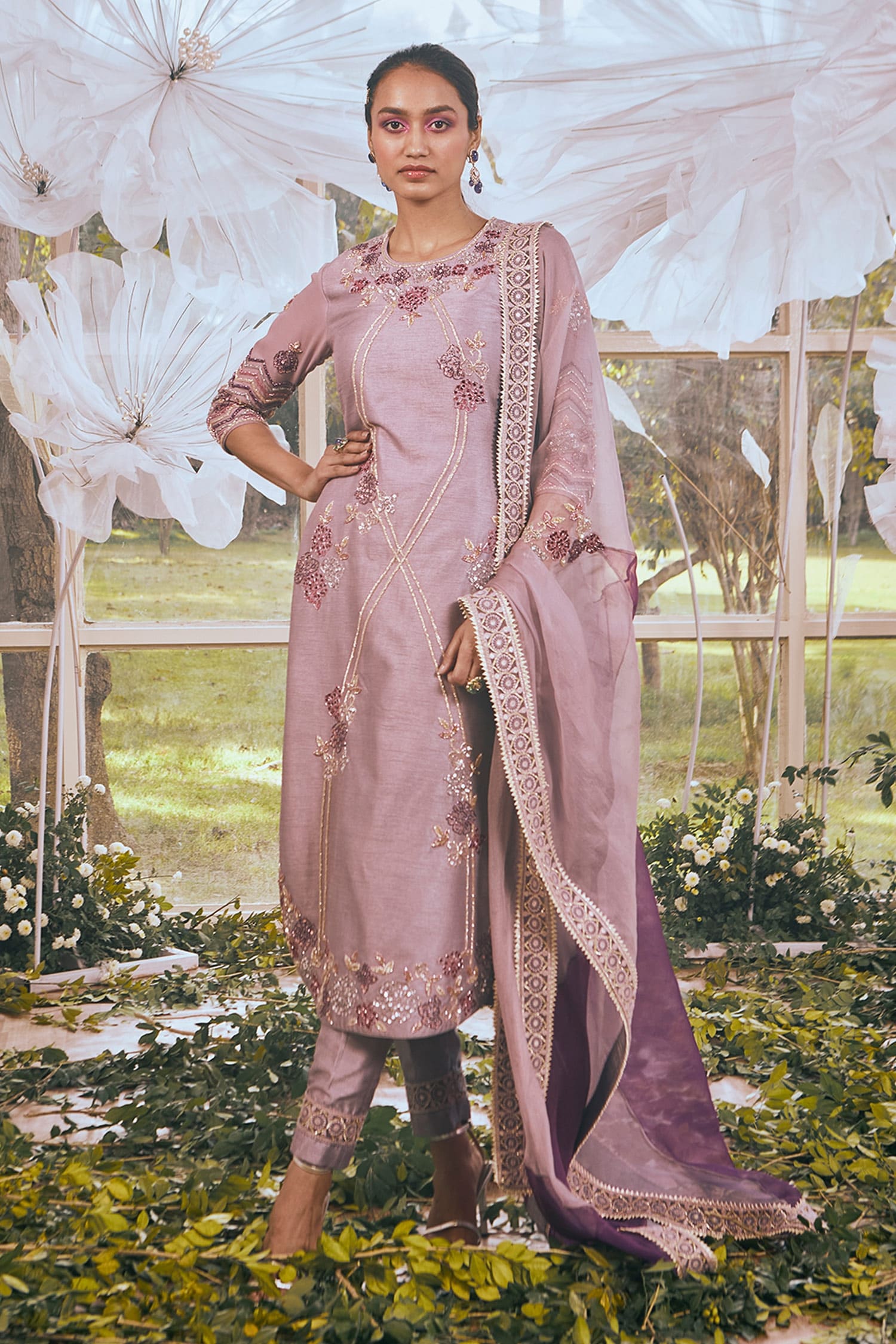 Buy Purple Silk Embroidered Aari Round Kurta Set For Women By Rachit