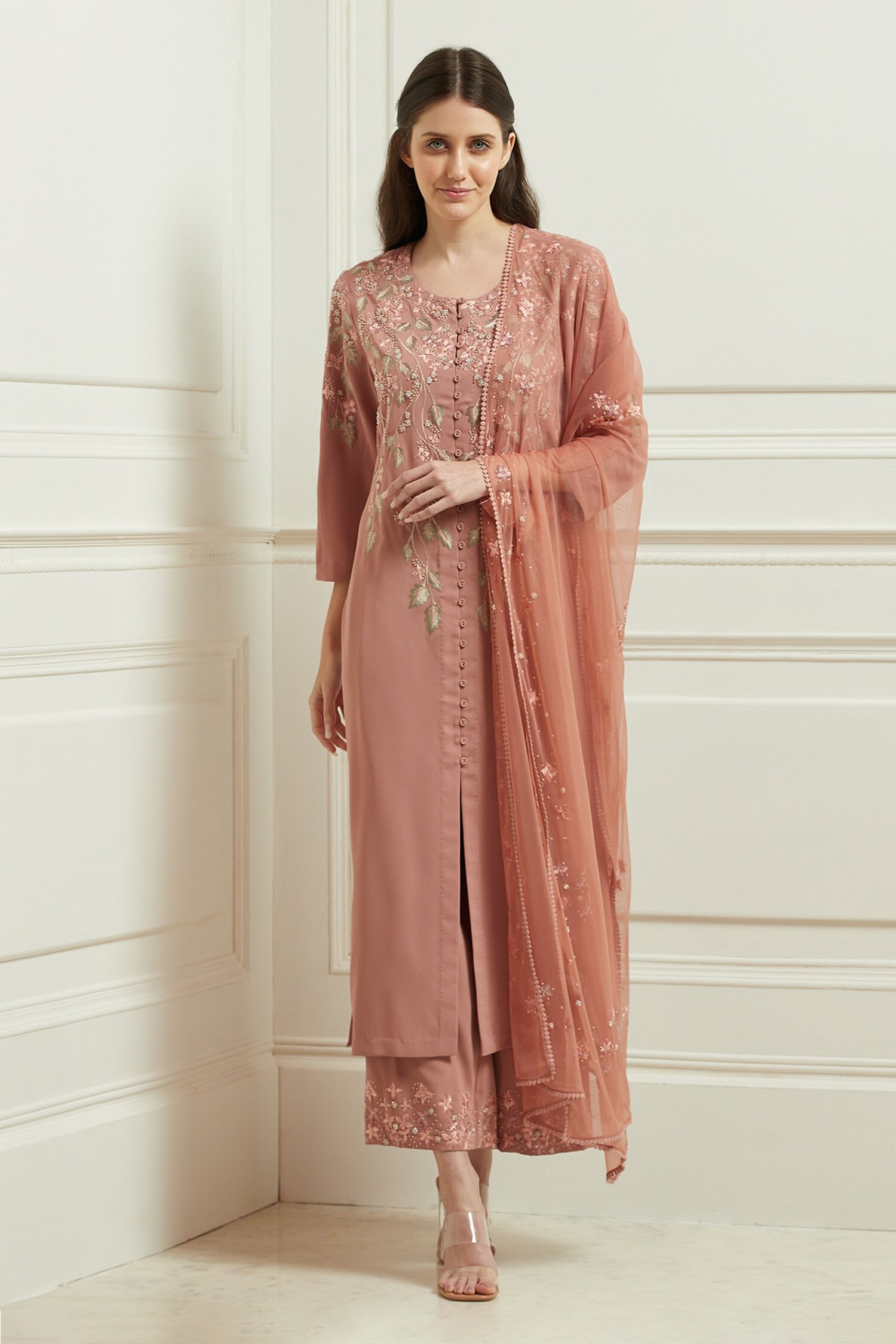 Buy Ranna Gill Brown Crepe Embroidered Kurta Palazzo Set Online Aza