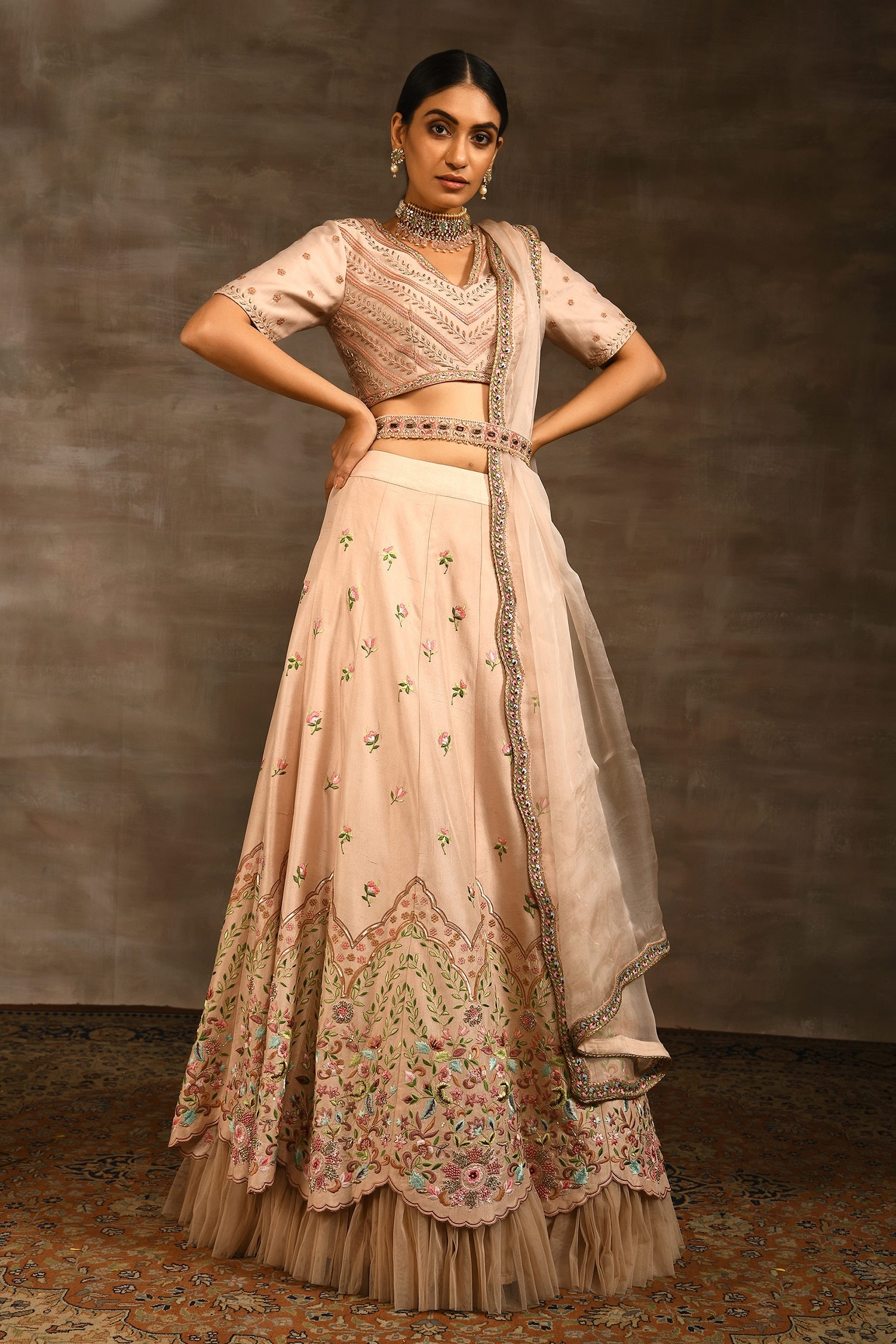 Buy Pink Raw Silk Embroidery Sequin V Neck Chanderi Lehenga Set For