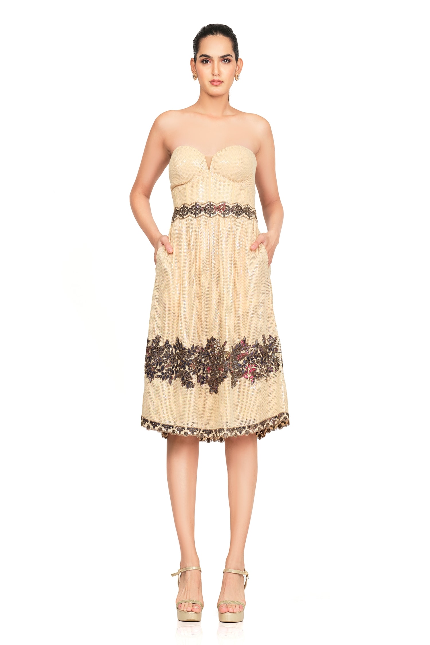 Buy Ivory Net Embroidery Floral Sweetheart Neck Sequin Tube Dress For