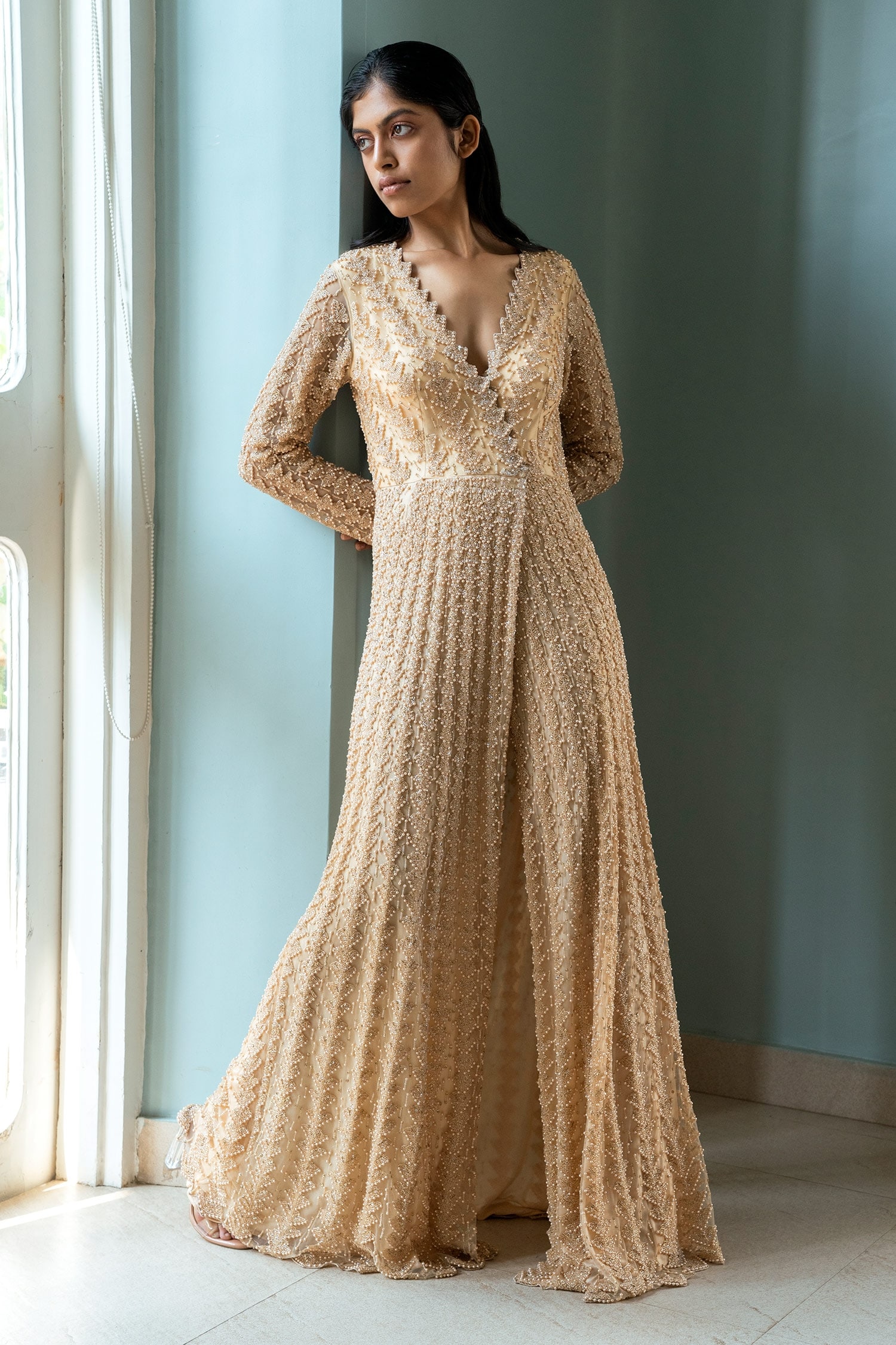 Buy Beige Net Embroidered Bead V Neck Pleated Gown For Women By Shivani