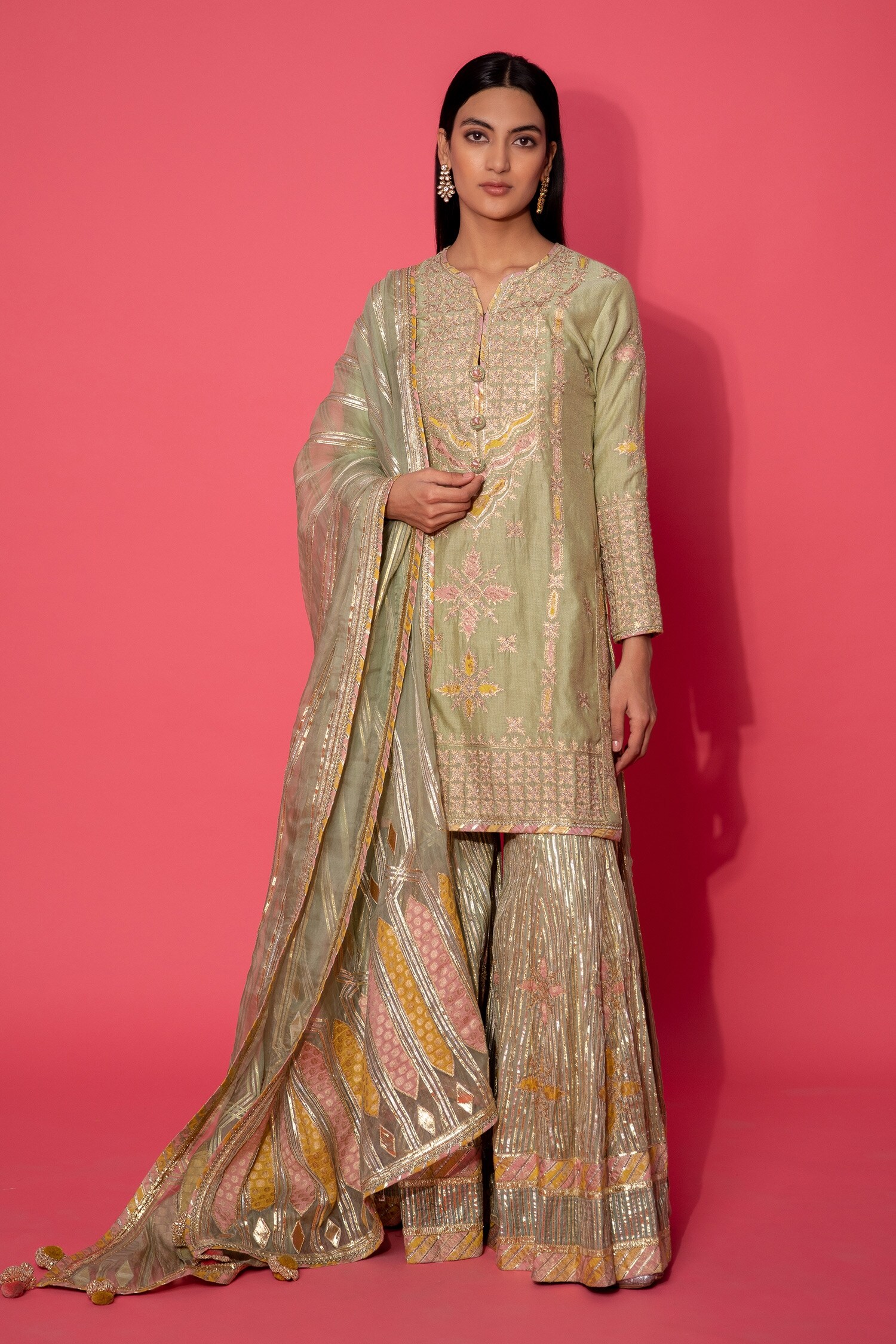 Buy Green Chanderi Stripe Embroidery Aari Notched Kurta Sharara Set For