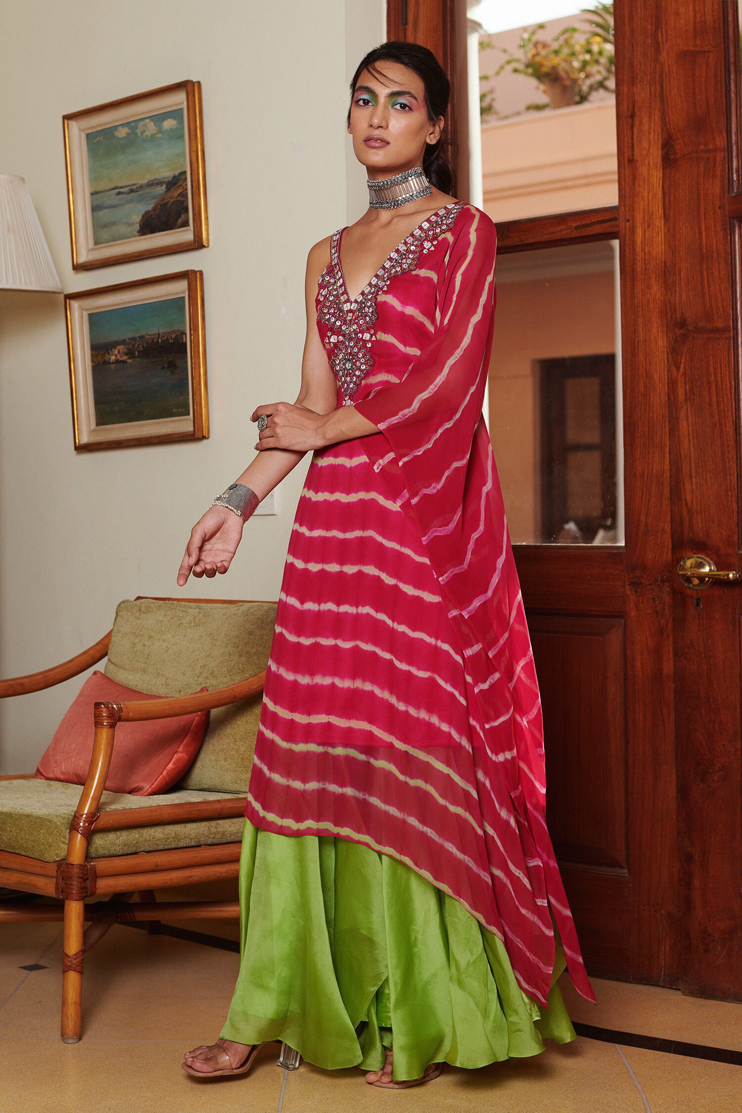 Buy Reeti Arneja Green Georgette Shibori Print Kaftan And Sharara Set