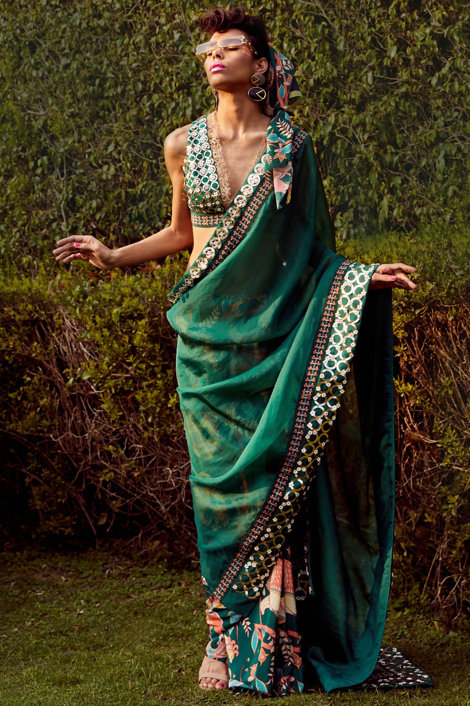 Buy Green Organza Printed Saree For Women By Limerick By Abirr N Nanki