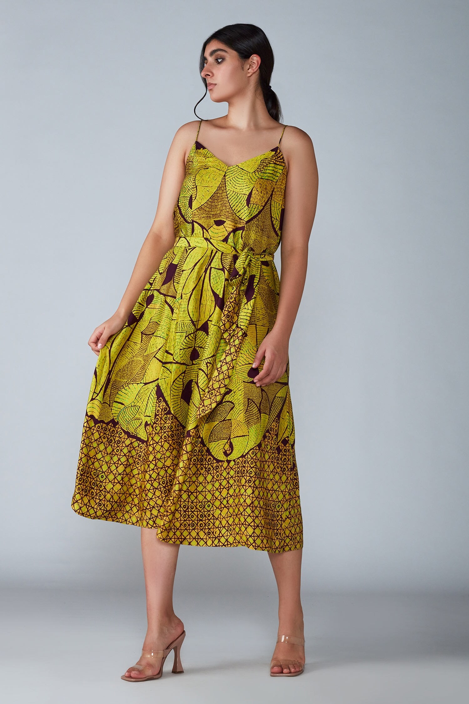 Buy Yellow Satin Printed Abstract Tile Pattern V Neck Summer Dress For