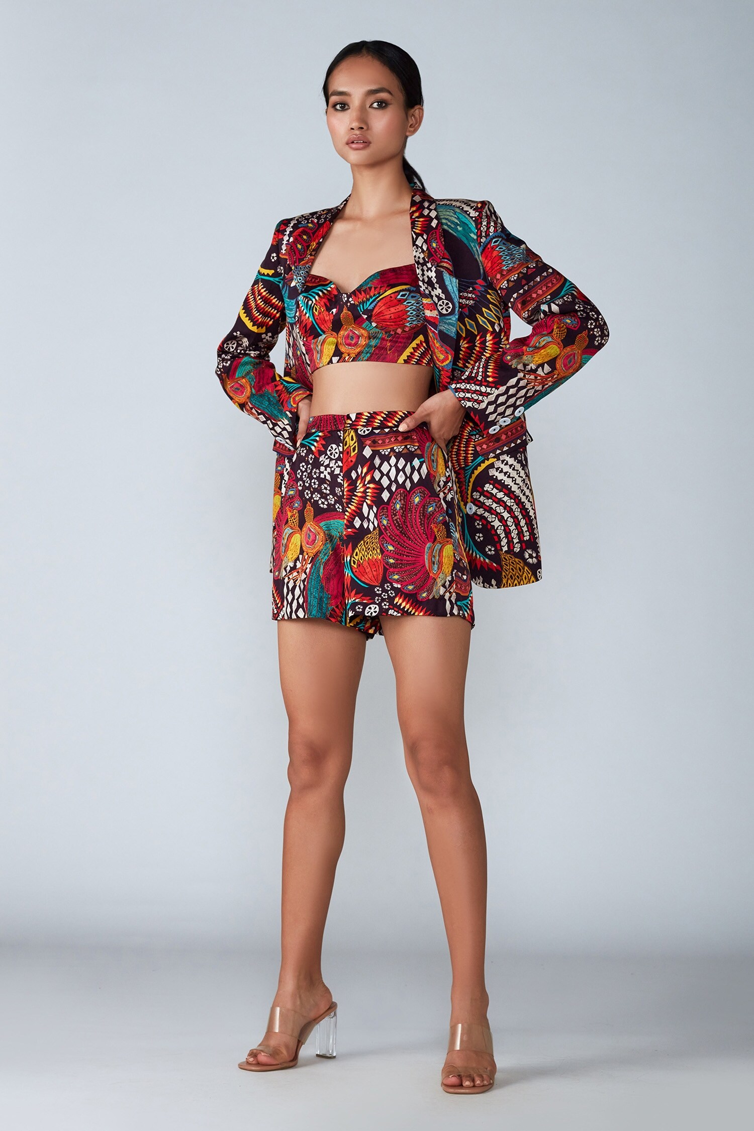 Buy Multi Color Satin Printed Abstract Bird Shorts For Women By Saaksha