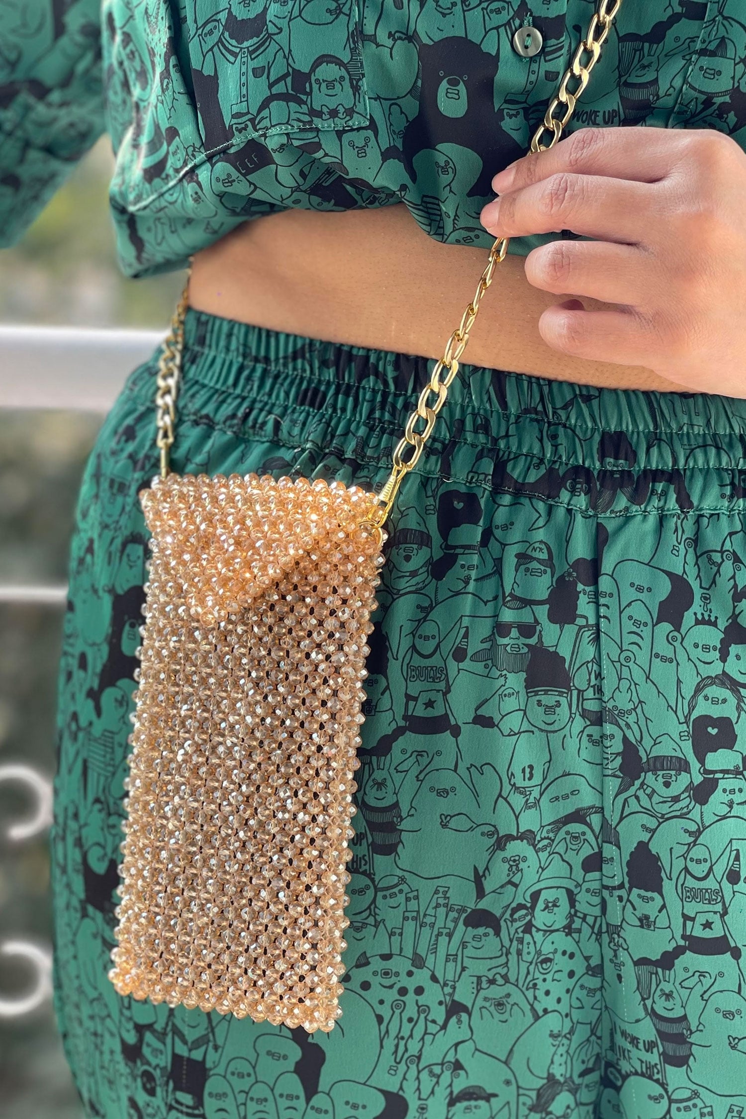 Buy Gold Embellished Crystal Phone Sling Bag by Adorn My