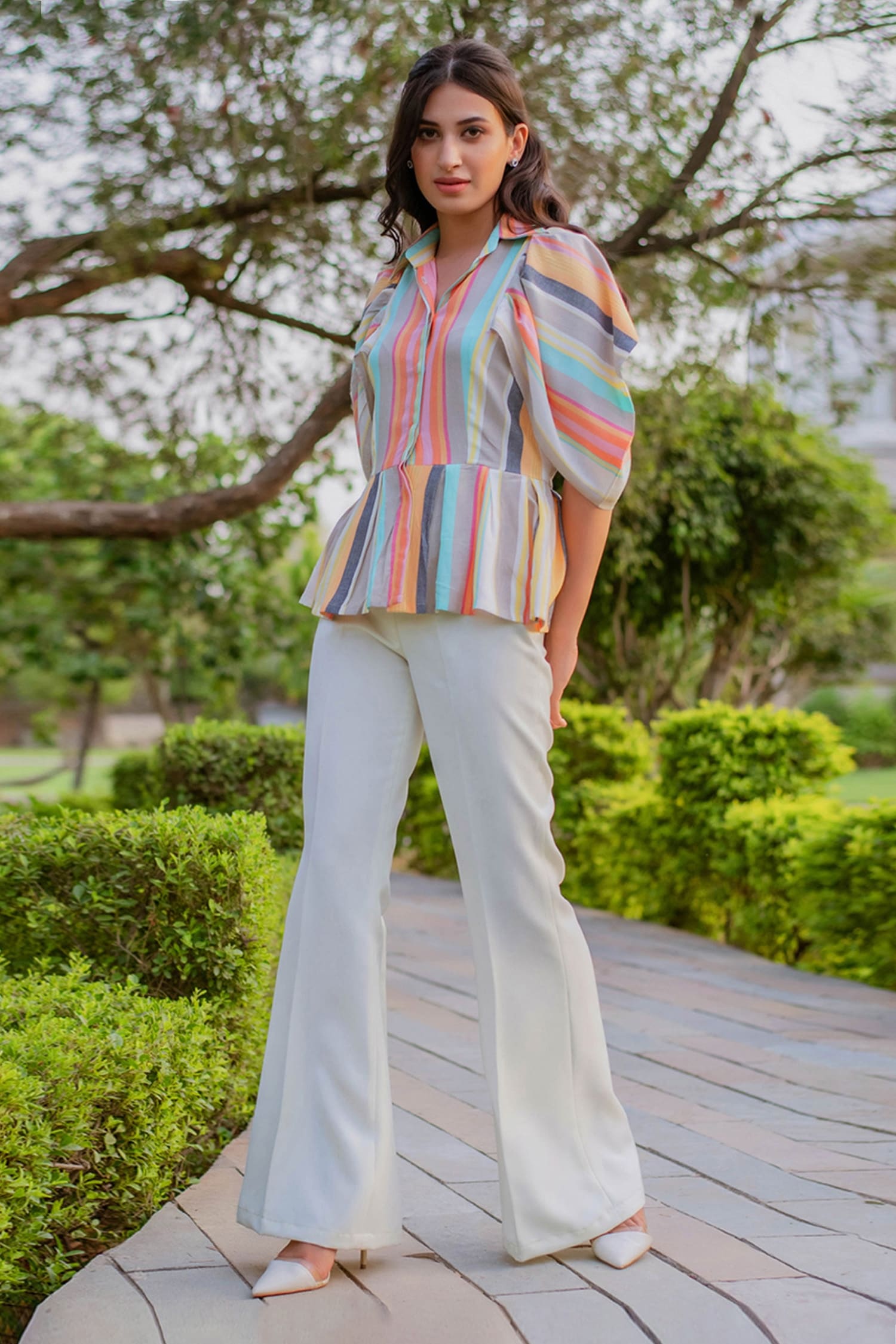 Buy Multi Color Cotton Collared Striped Peplum Shirt For