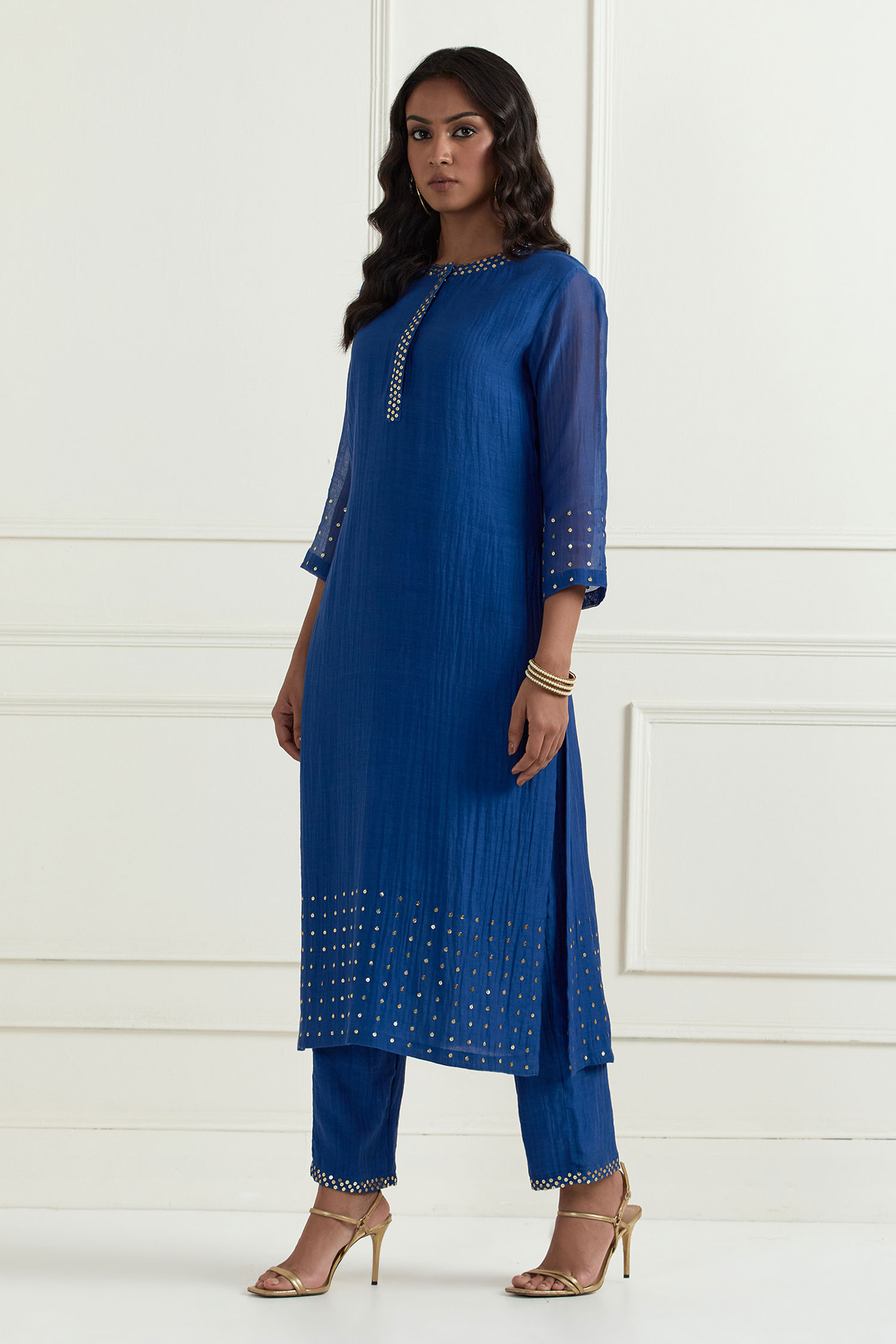 Buy Blue Chanderi Hem Embroidery Sequin Pant For Women by
