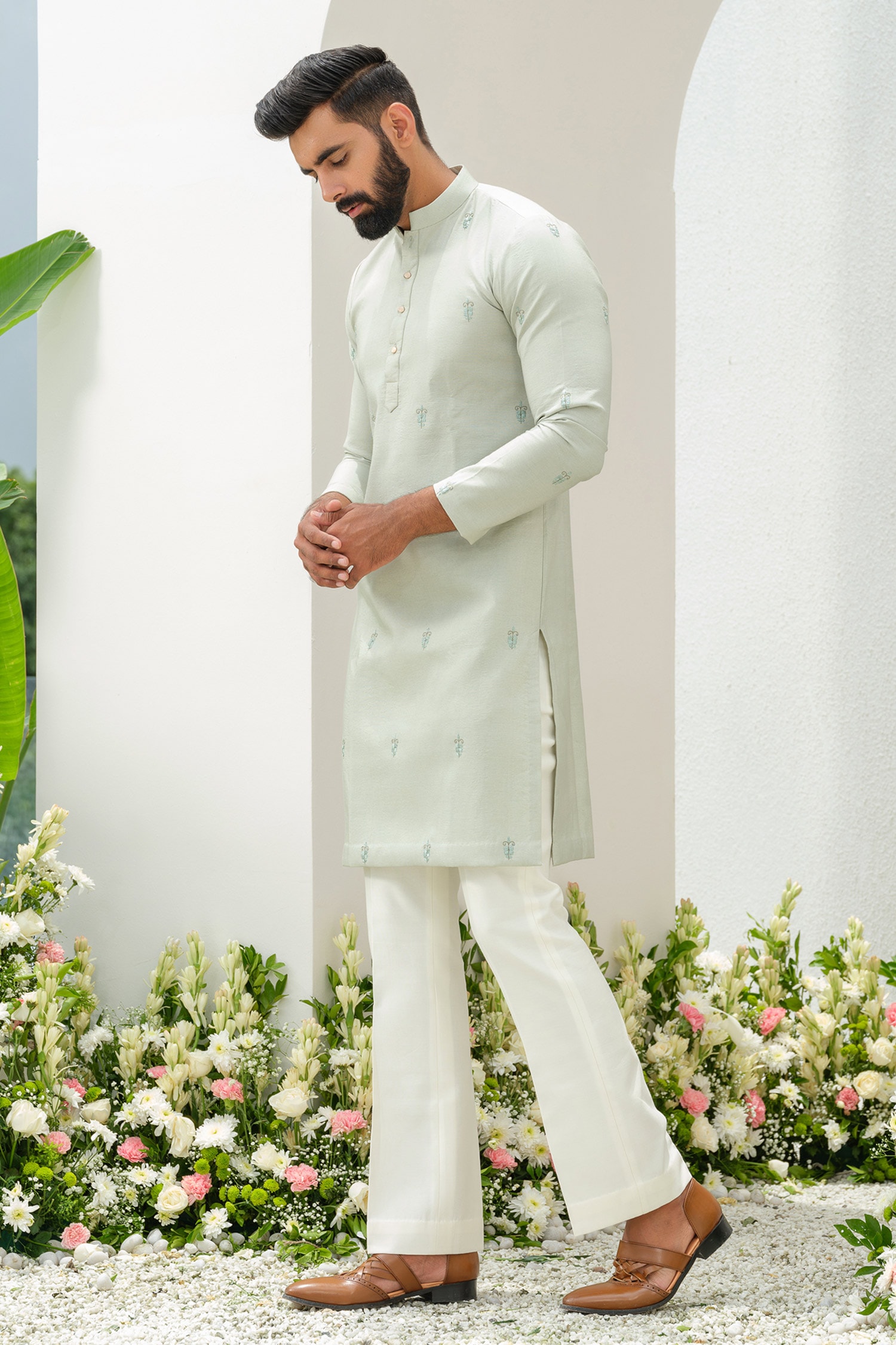 Buy Green Cotton, Silk Embroidery Floral Butti Kurta With Bell