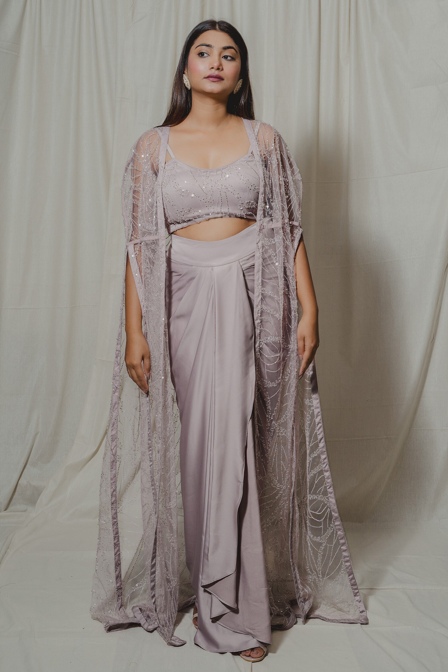 Buy SHINOR Pink Embroidered Shrug And Draped Skirt Set Online