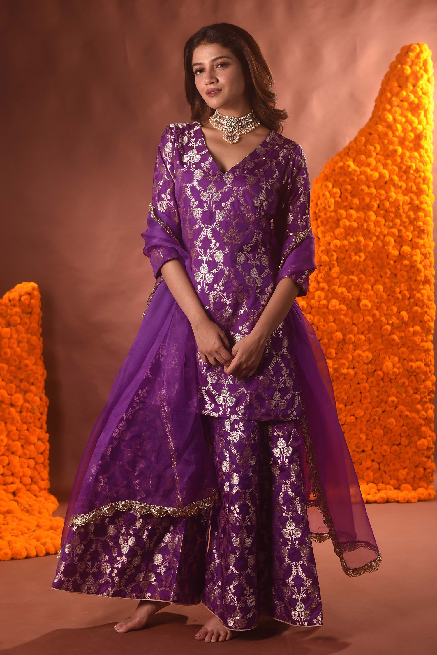 Buy Purple Silk, Brocade, Chiffon Embroidery V-neck Floral Pattern
