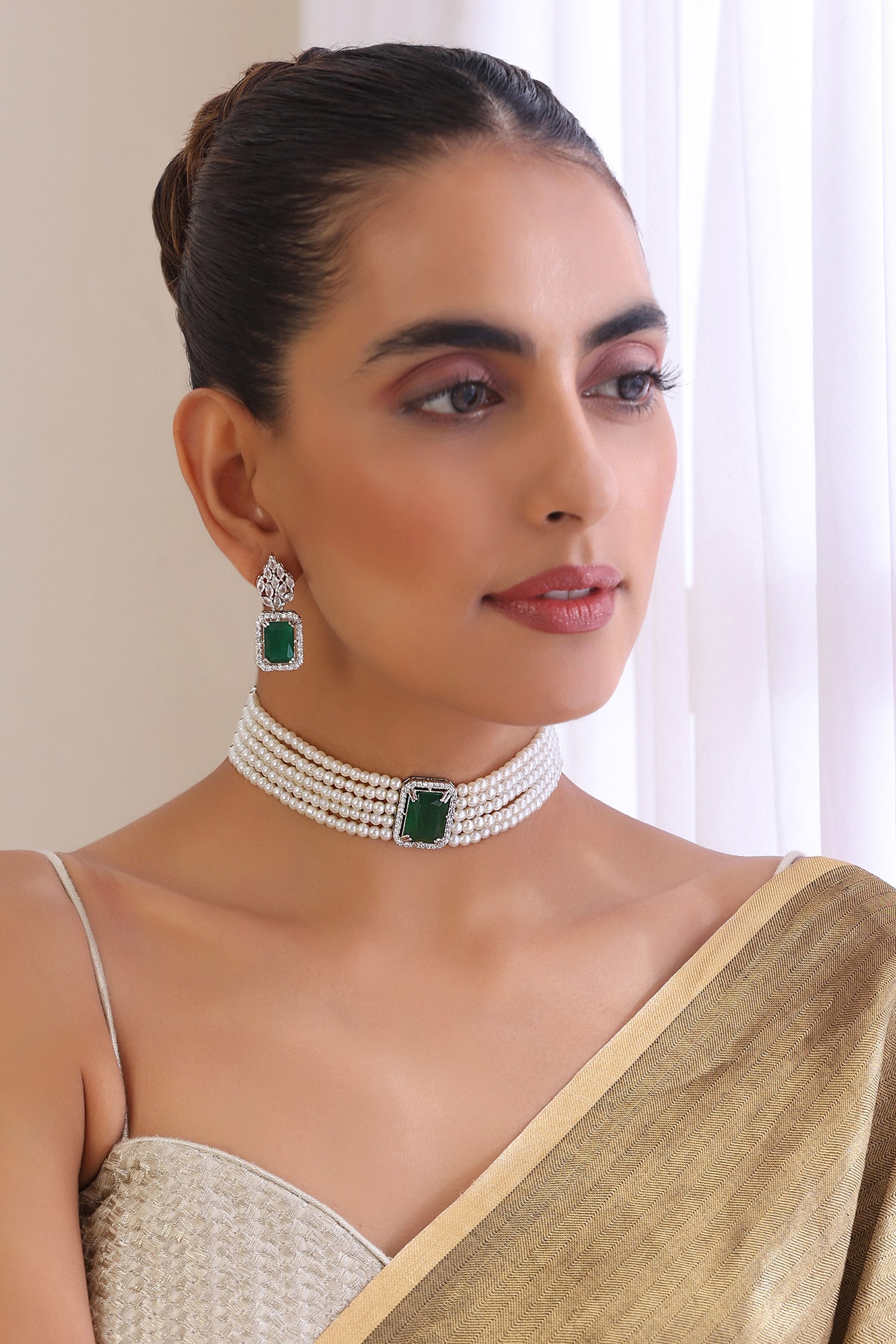 Buy Emerald Green Pearls, Stones And Embellished Choker Necklace