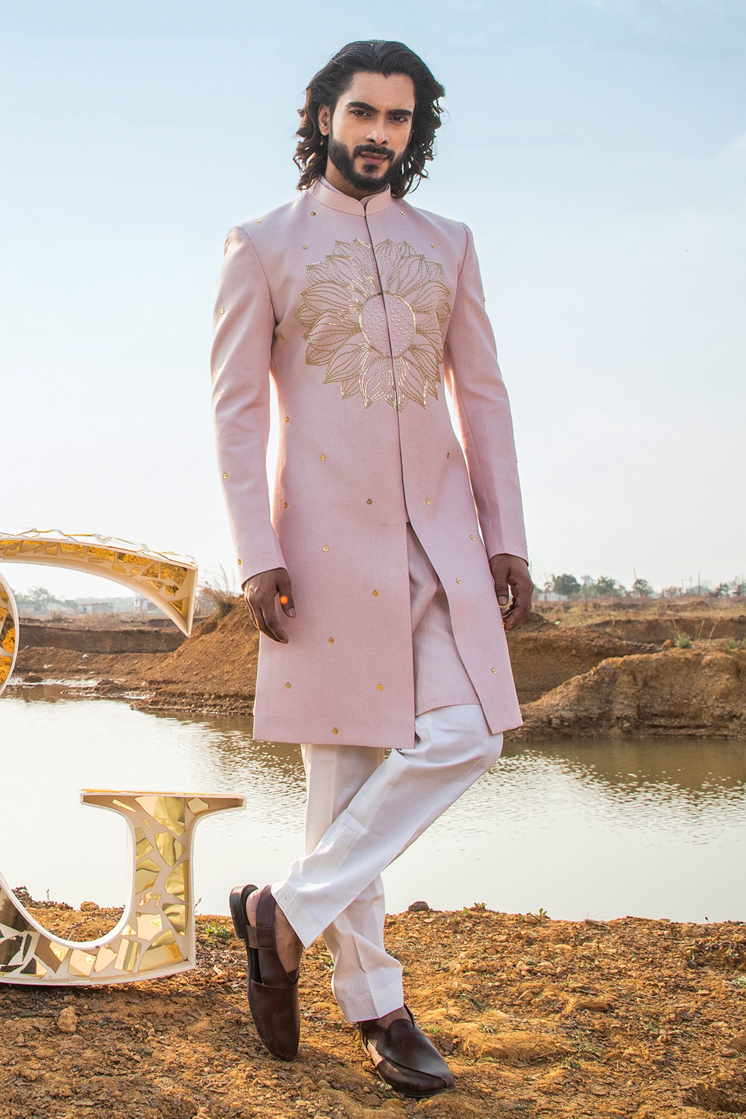 Buy Pink Sherwani Cotton Linen Embroidery Summer Applique