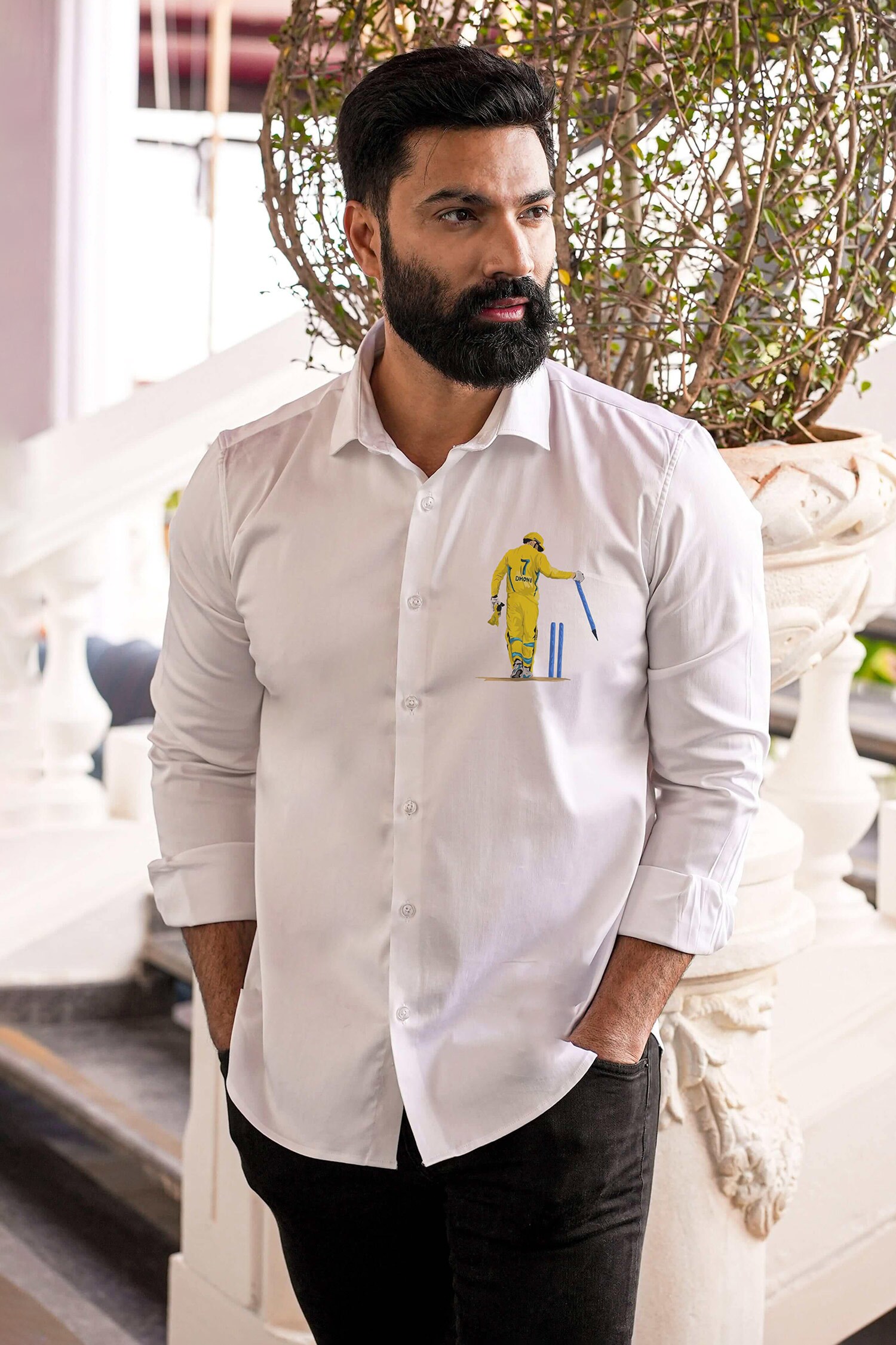 Buy White Cotton Blend Ms Dhoni Hand Paint Shirt For Men by