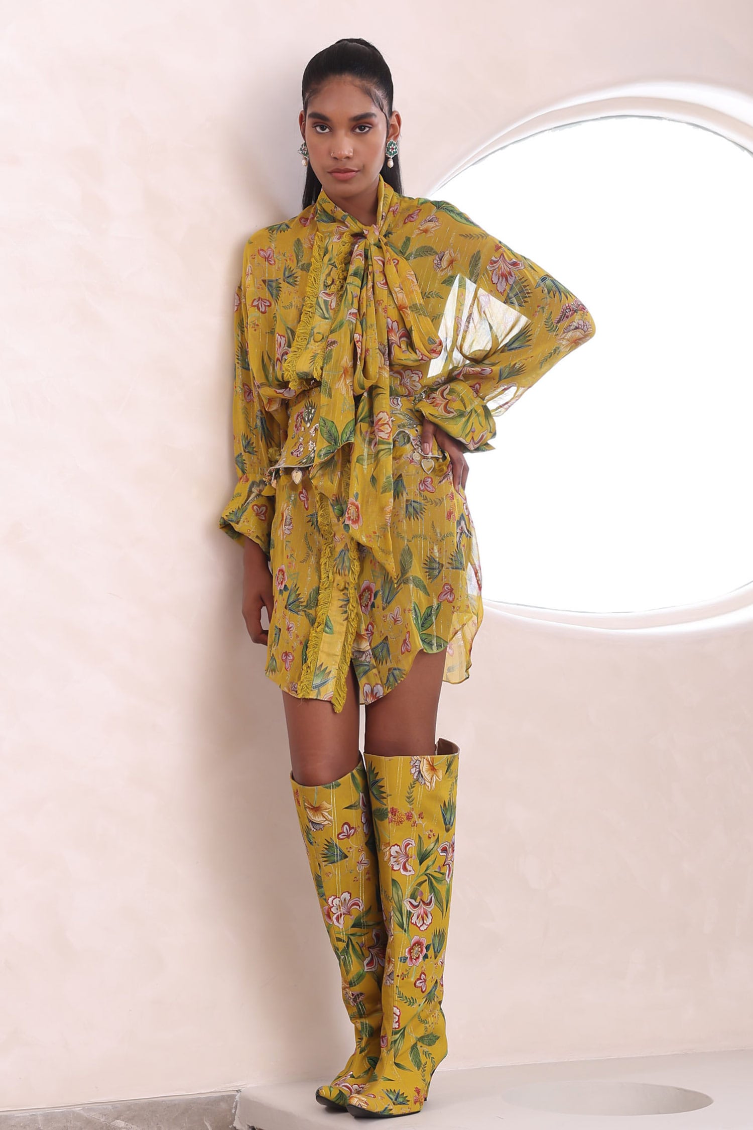 Buy Yellow Lurex, Georgette Button-down Neck Saachi Blossom