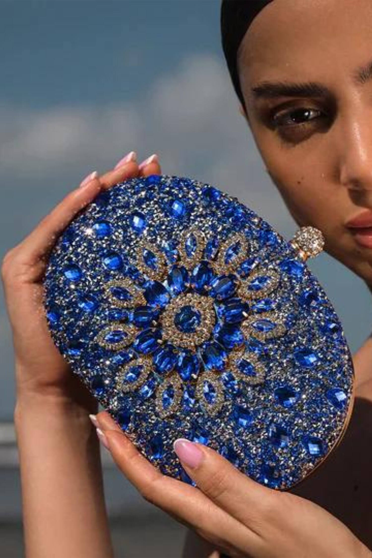 Buy Blue Diamond Colette Stones Encrusted Clutch by Pine and Drew