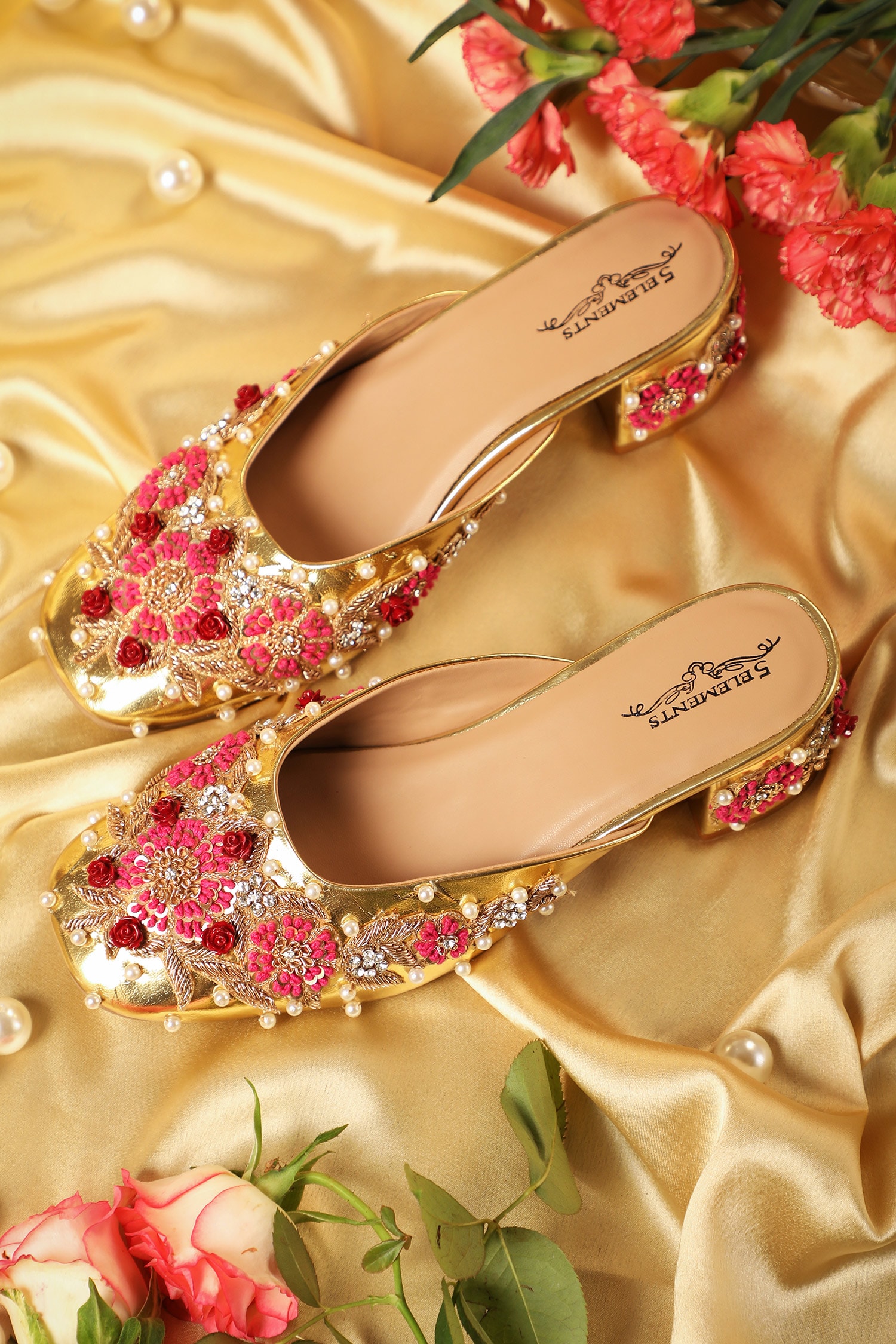 5elements Gold Pearl Bloom Floral Embroidered Mule Heels