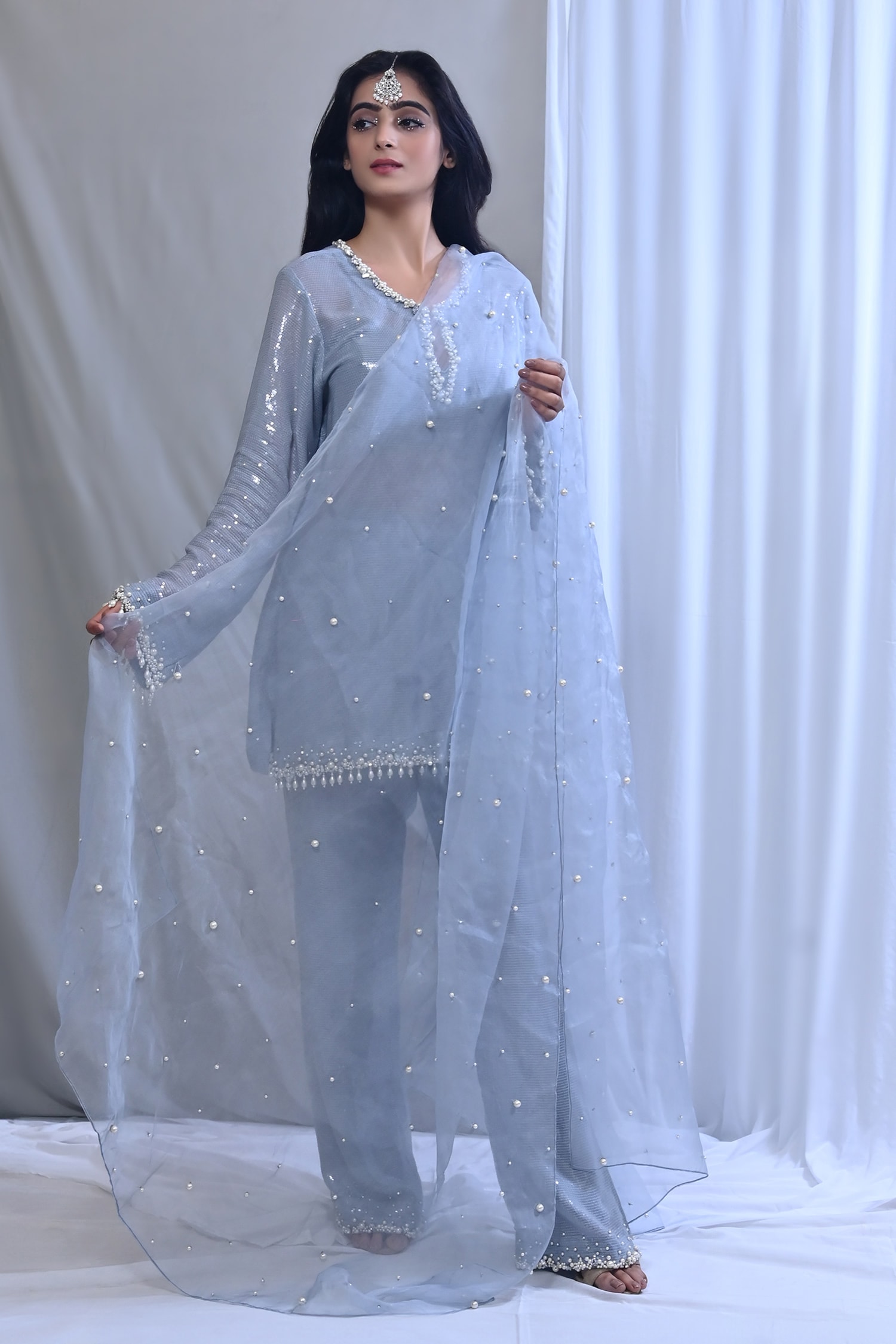 Buy Grey Georgette, Silk Organza Embellished Short Kurta Bell