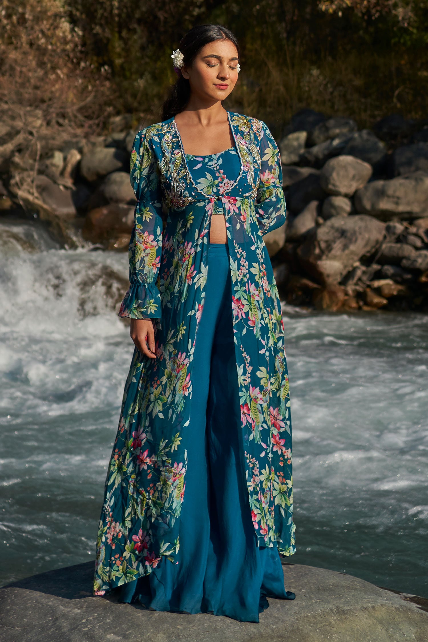 Buy Blue Viscose, Georgette Sequins, Floral Pattern Embroidered