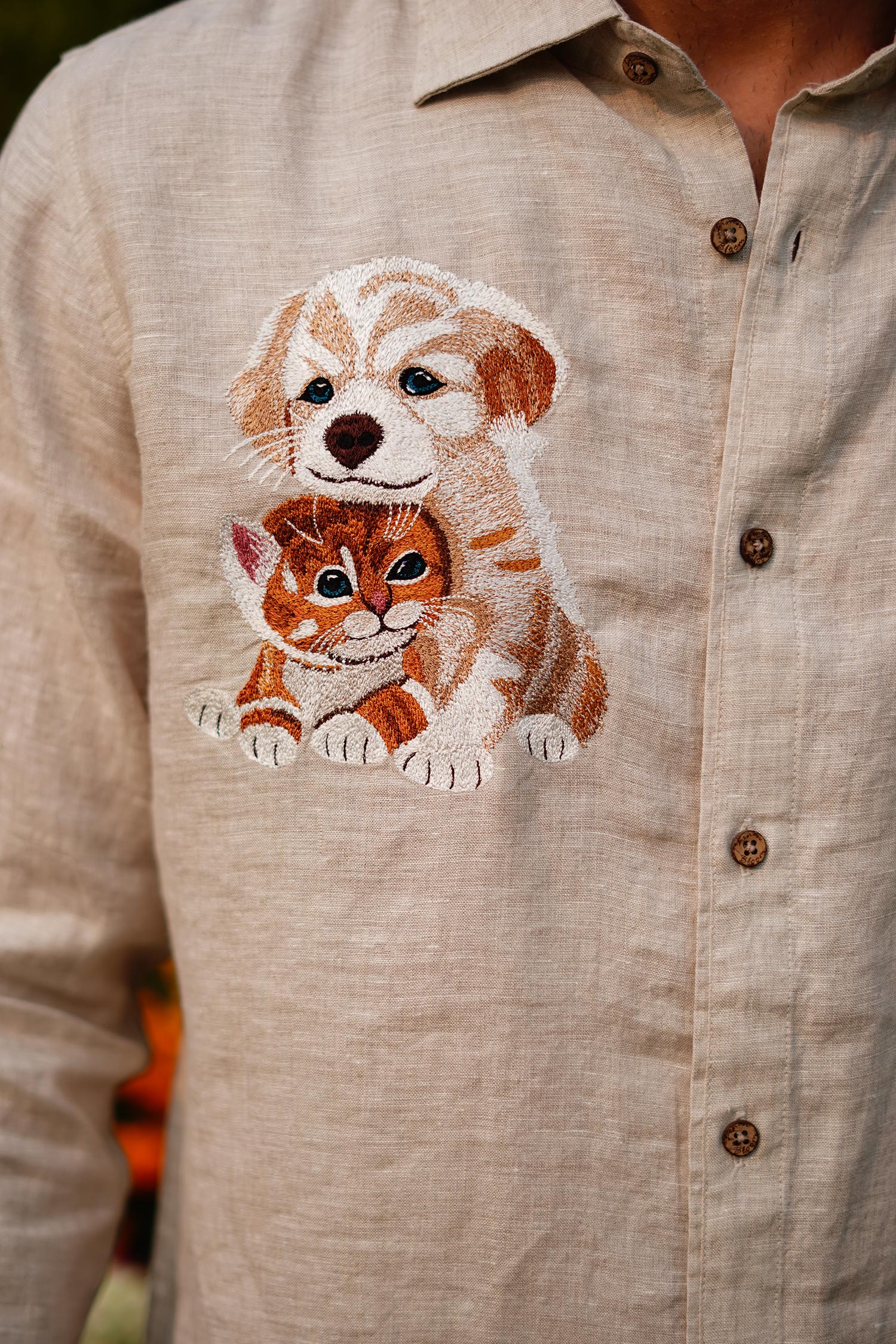 Buy Beige 100% Linen Embroidery Dog And Cat Shirt For Men by