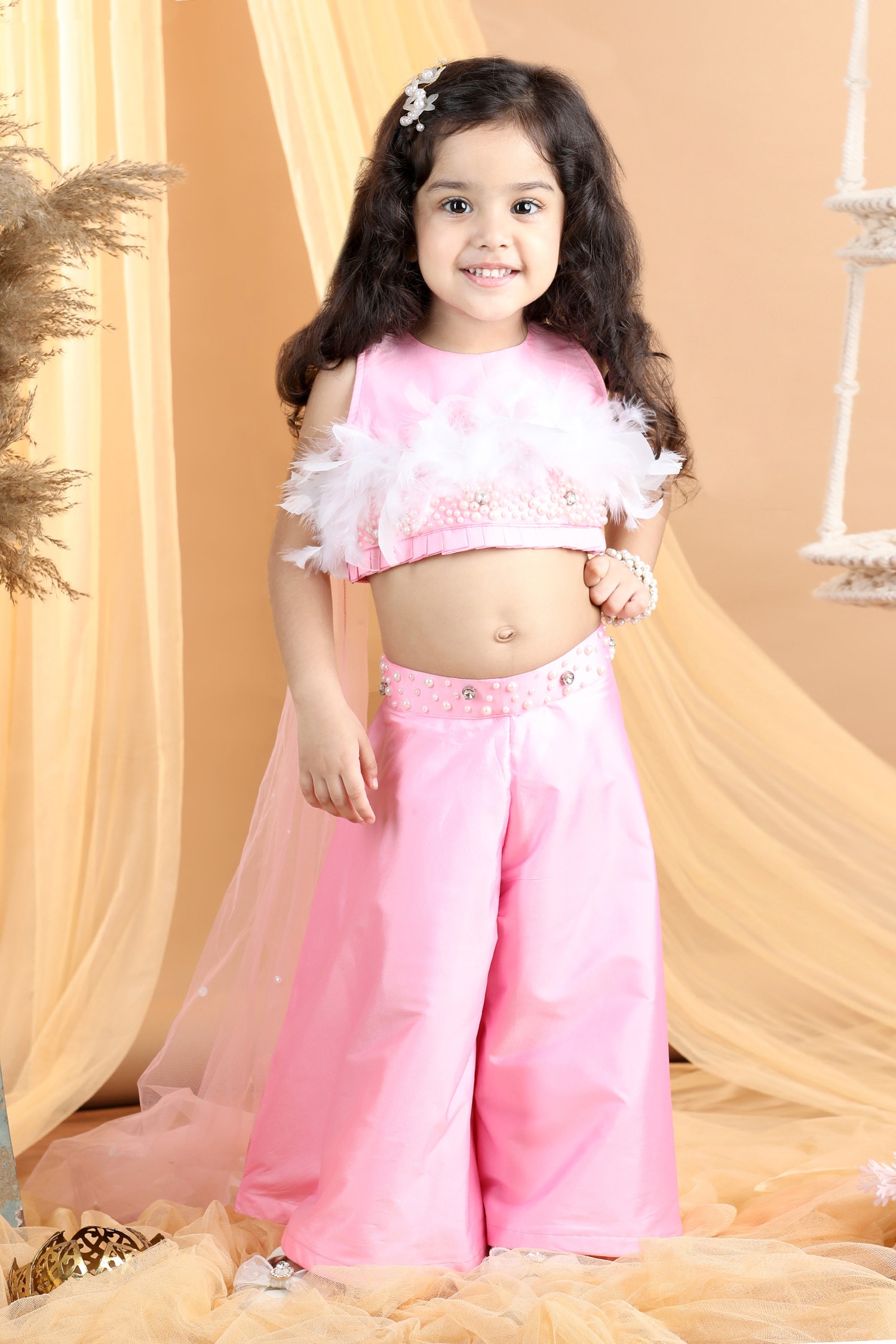 Buy Pink Silk, Crepe Beads, Stones Hand Embroidered Crop Top And