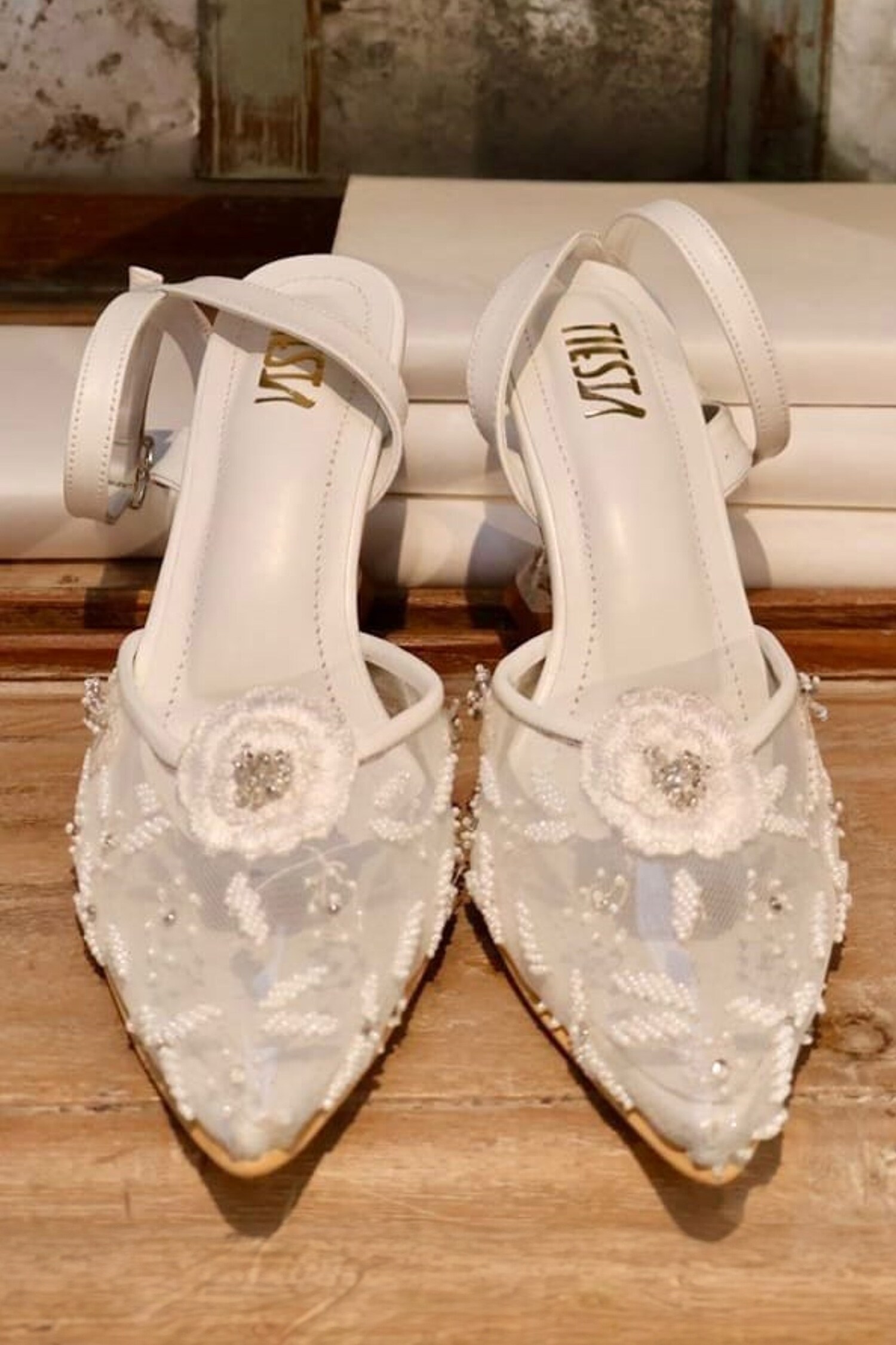Buy White Pearls, Embroidery Chloe Bridal Heels by Tiesta Online