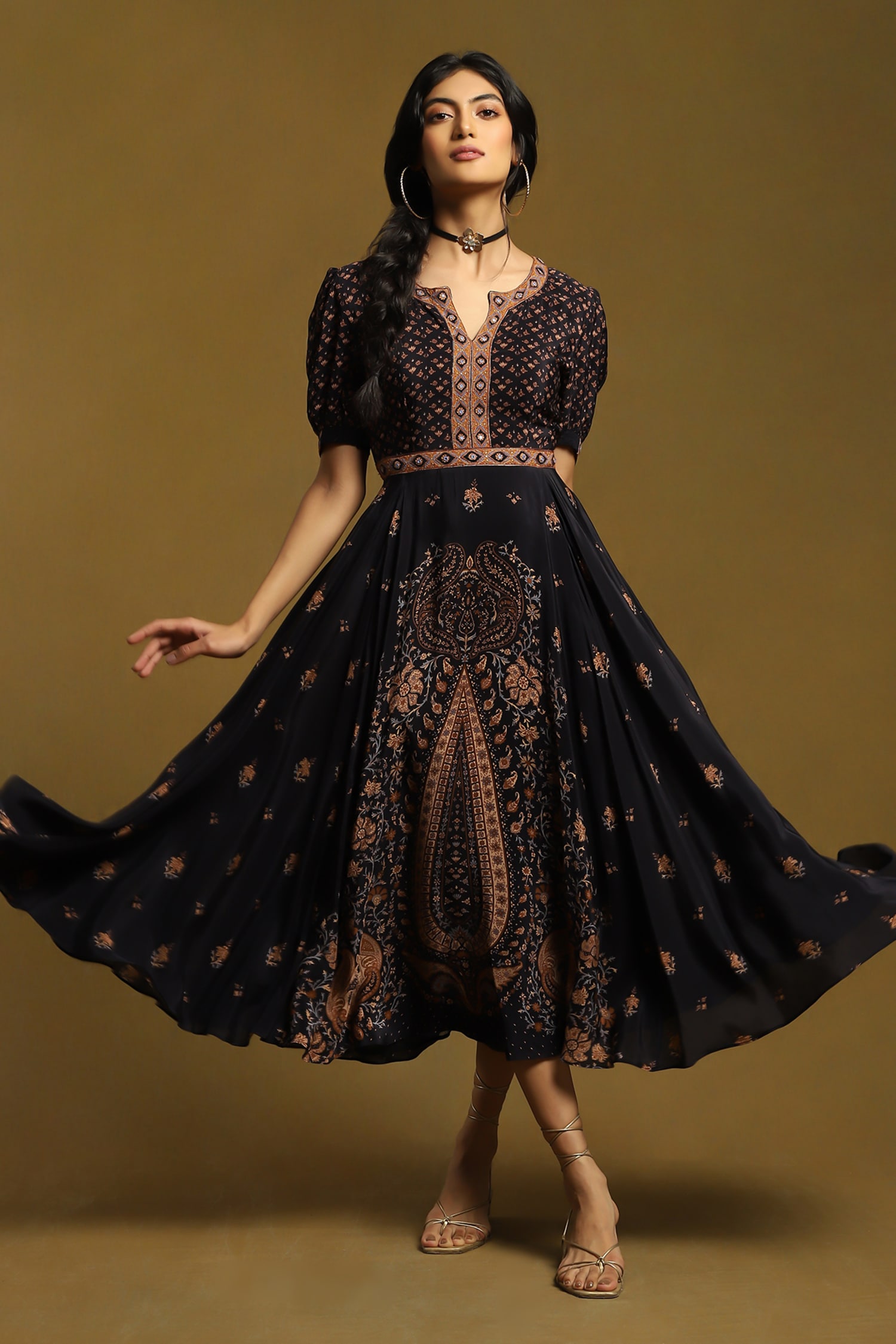 Buy Black Viscose Embroidery Round Neck Kalam Jamawar Print Dress