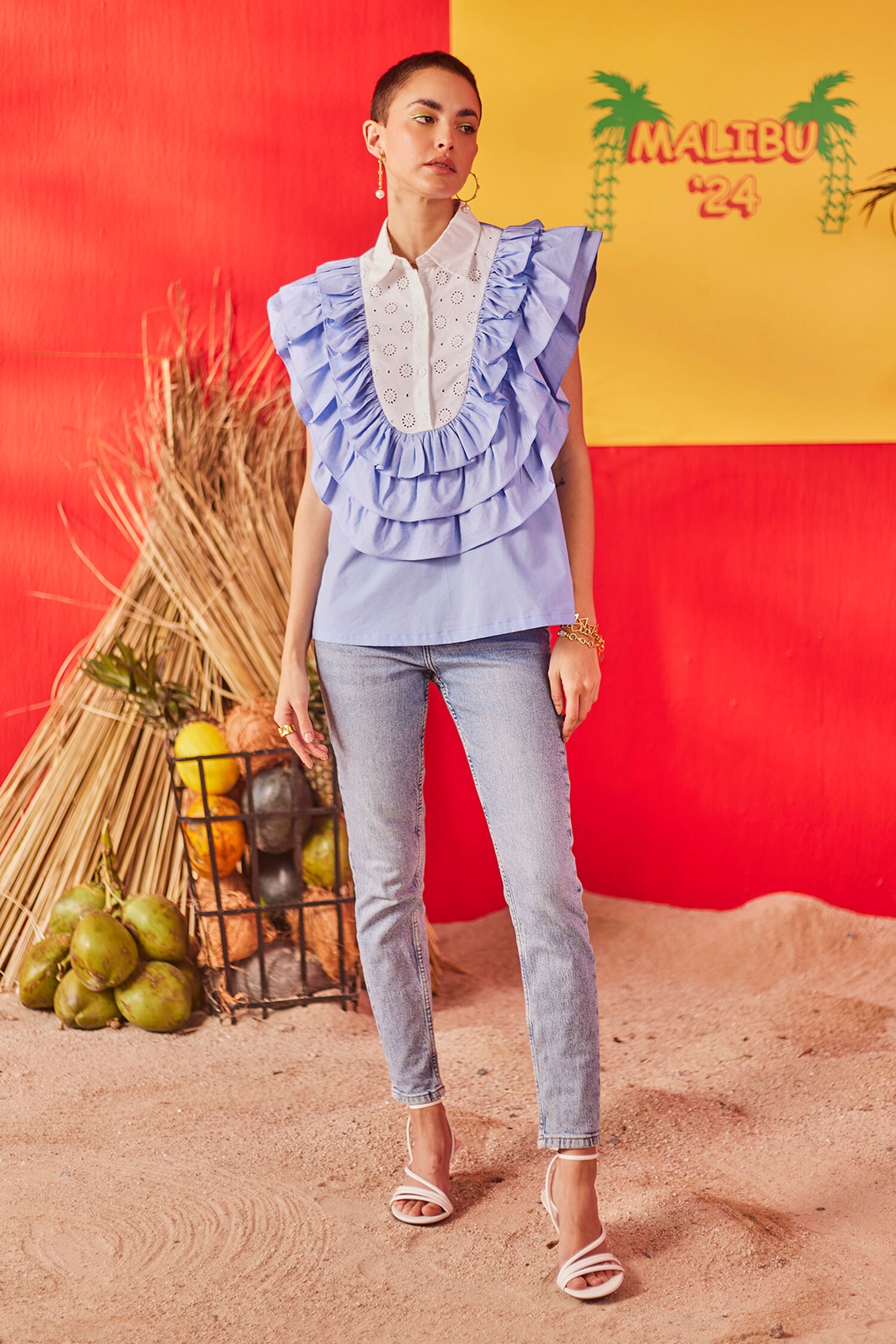 Buy Blue Cotton Ruffles Collared Surfside Schiffli Yoke Top For