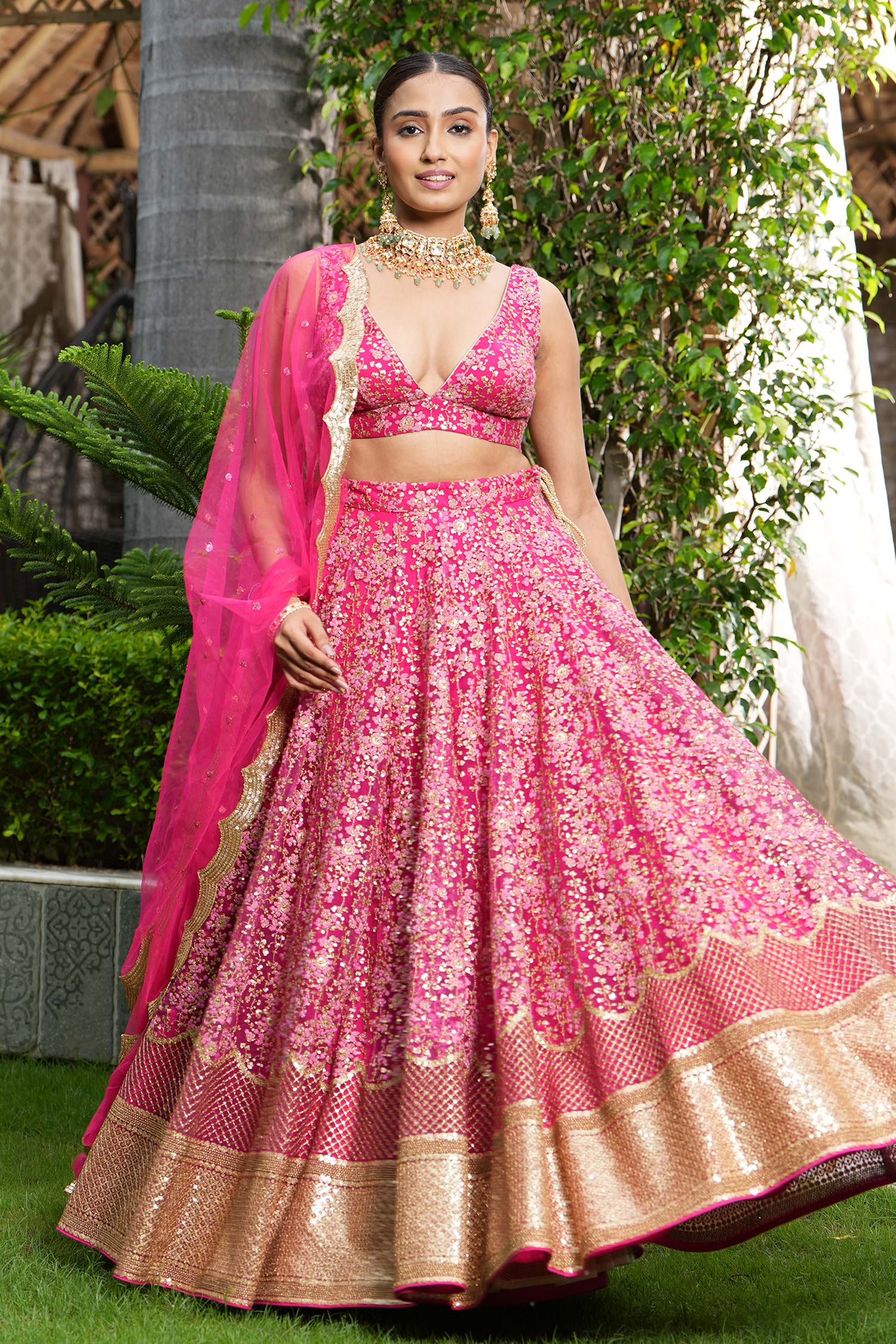 Buy Pink Net, Linen Sequins, Zari, Embroidery Beetroot Floral
