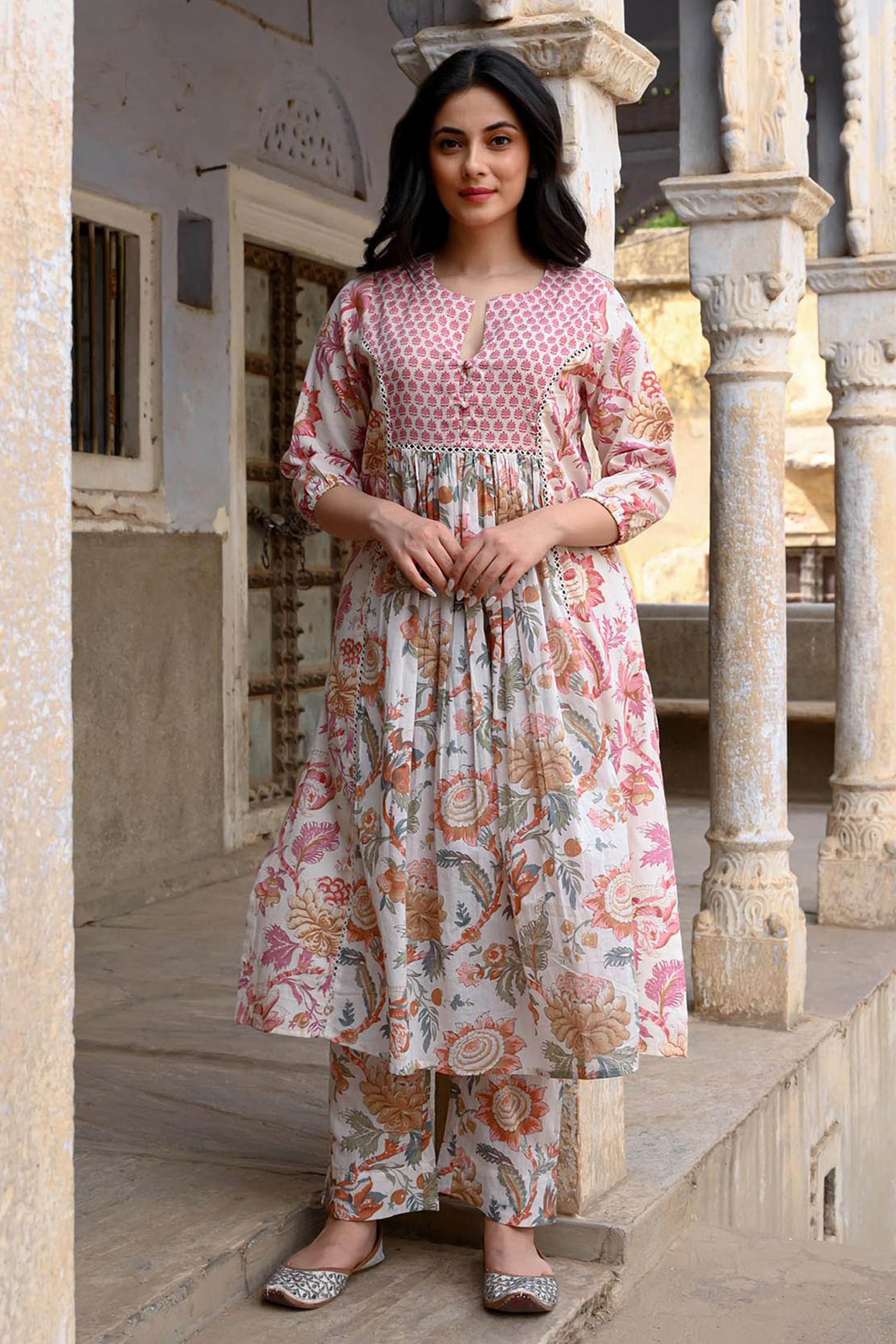 Buy Multi Color Cotton Lace, Embroidery Split V-neck Sangria