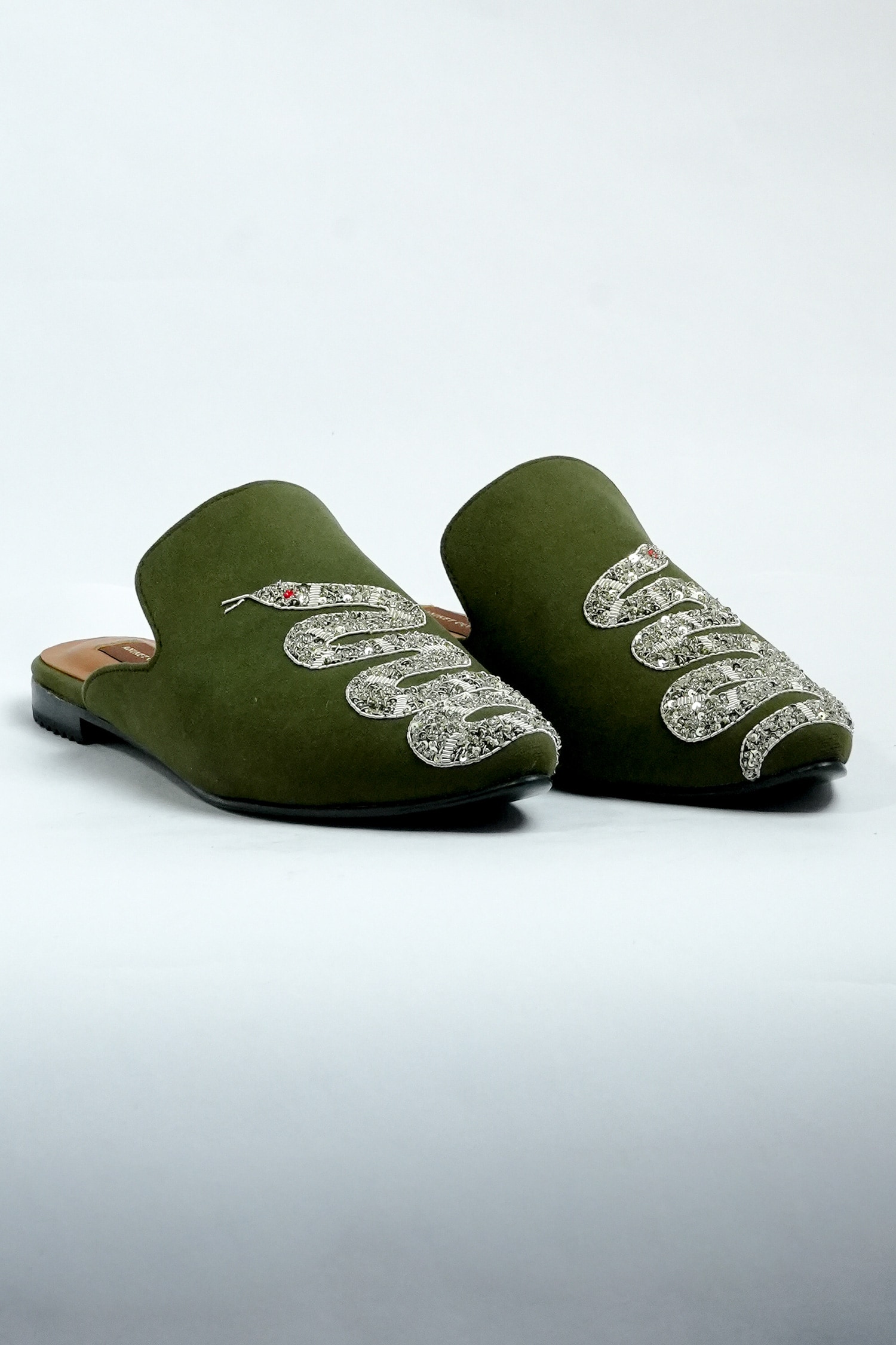 Buy Green Zardozi Serpenti Embroidered Mules by ANIKET GUPTA