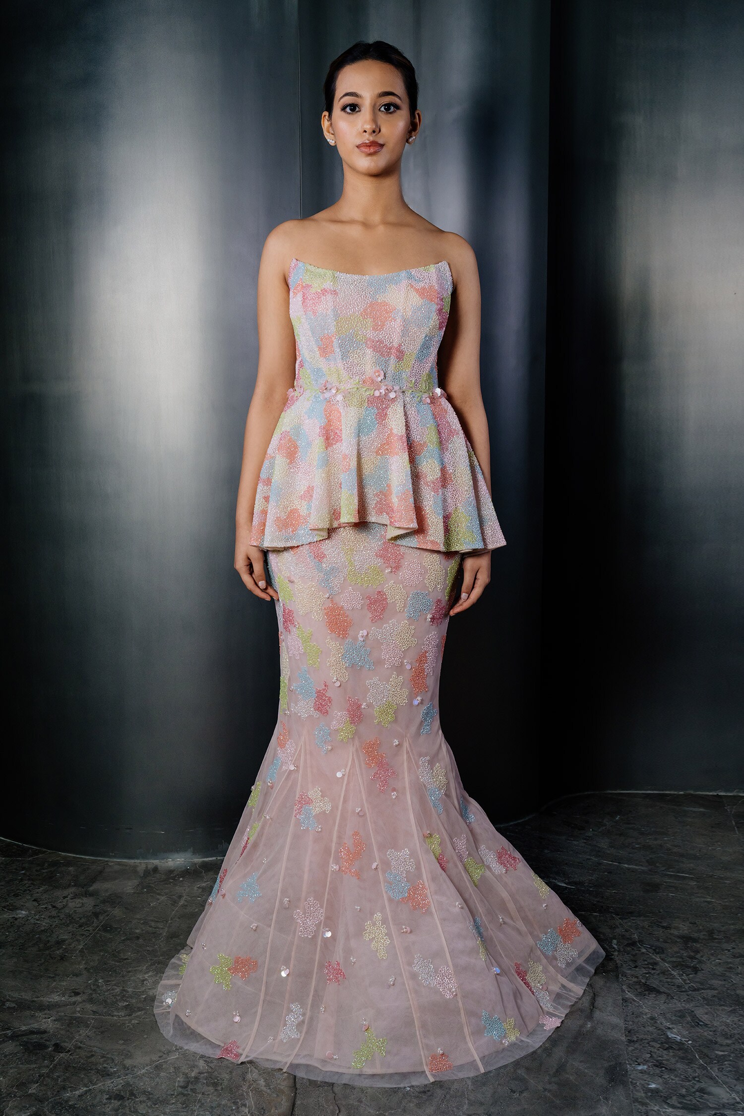 Buy Multi Color Tulle Embroidery Boat Neck Glitch Corset Peplum