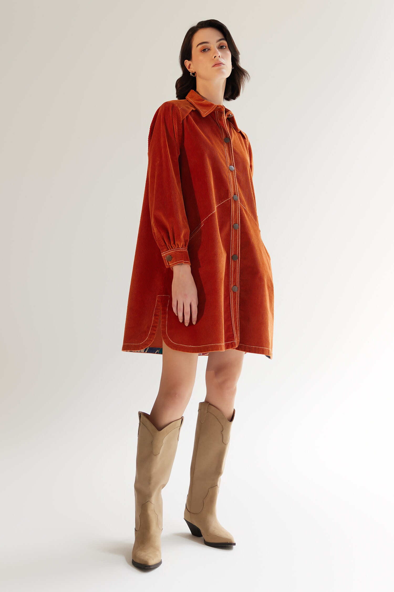Buy Orange Corduroy Collared Thais Shirt Dress For Women by NOIB