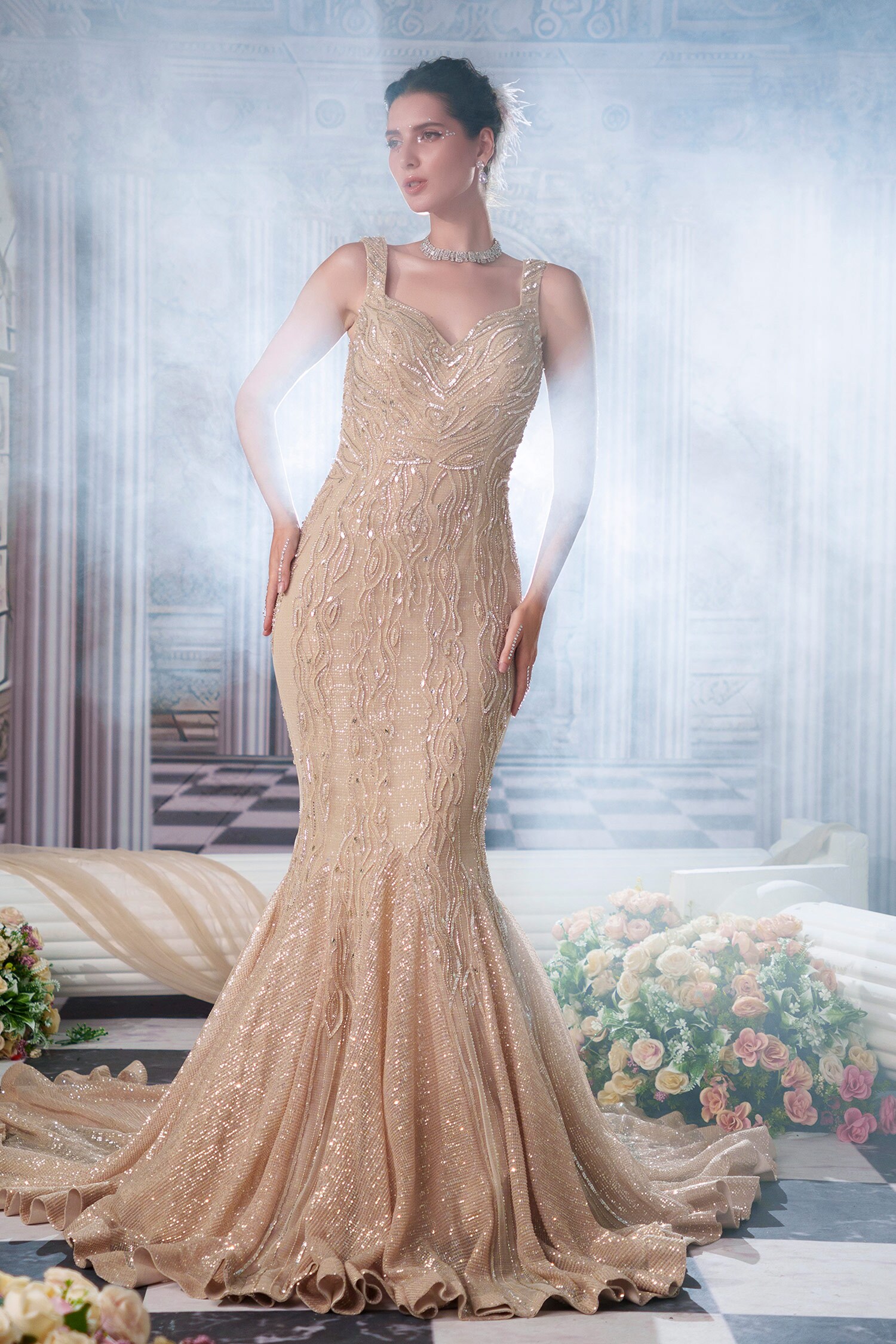 Buy Beige Organza, Net, Linen Sequins, Beads Aphrodite Goddess