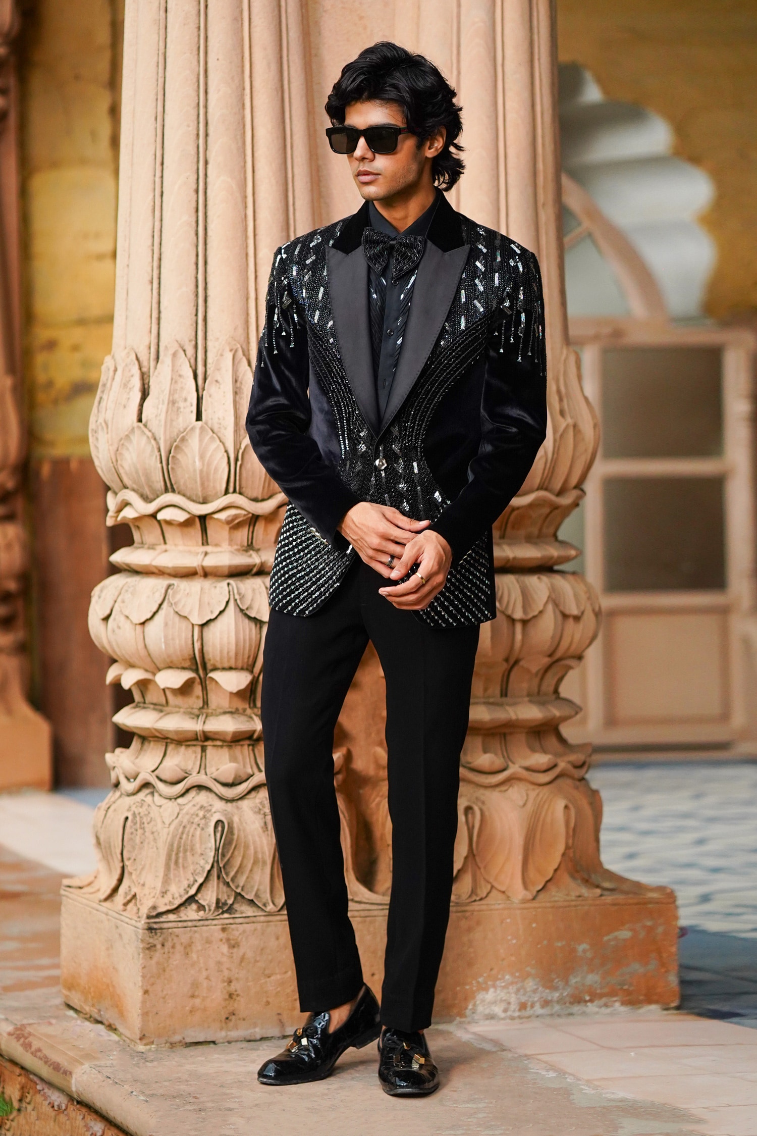 Courtyard By Abhi Black Velvet, Cotton, Lycra, Silk Cut Work, Sequins,  Pearls, Blazer Set