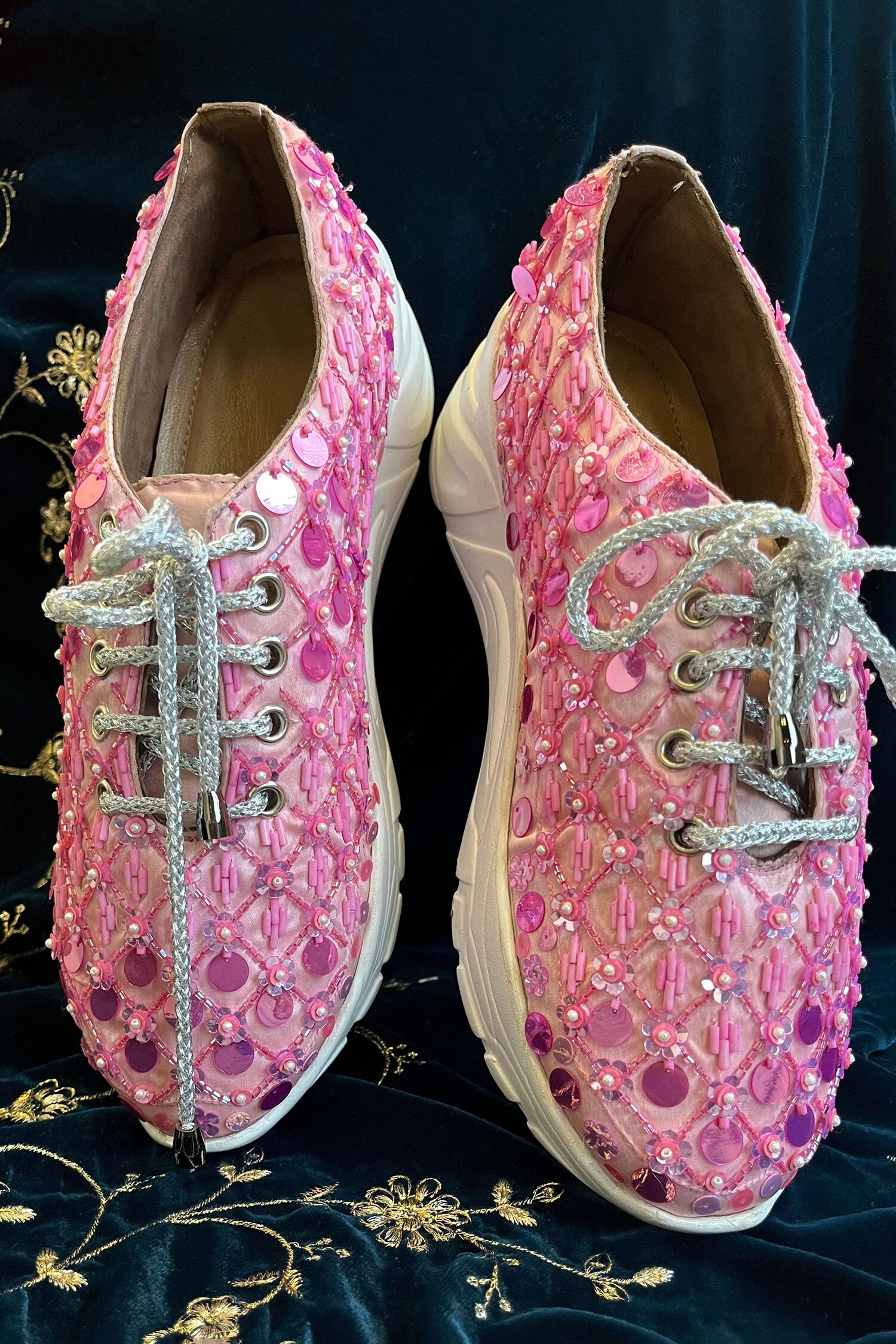 Buy Pink Sequin Embroidered Floral Checkered Sneakers by ZORI