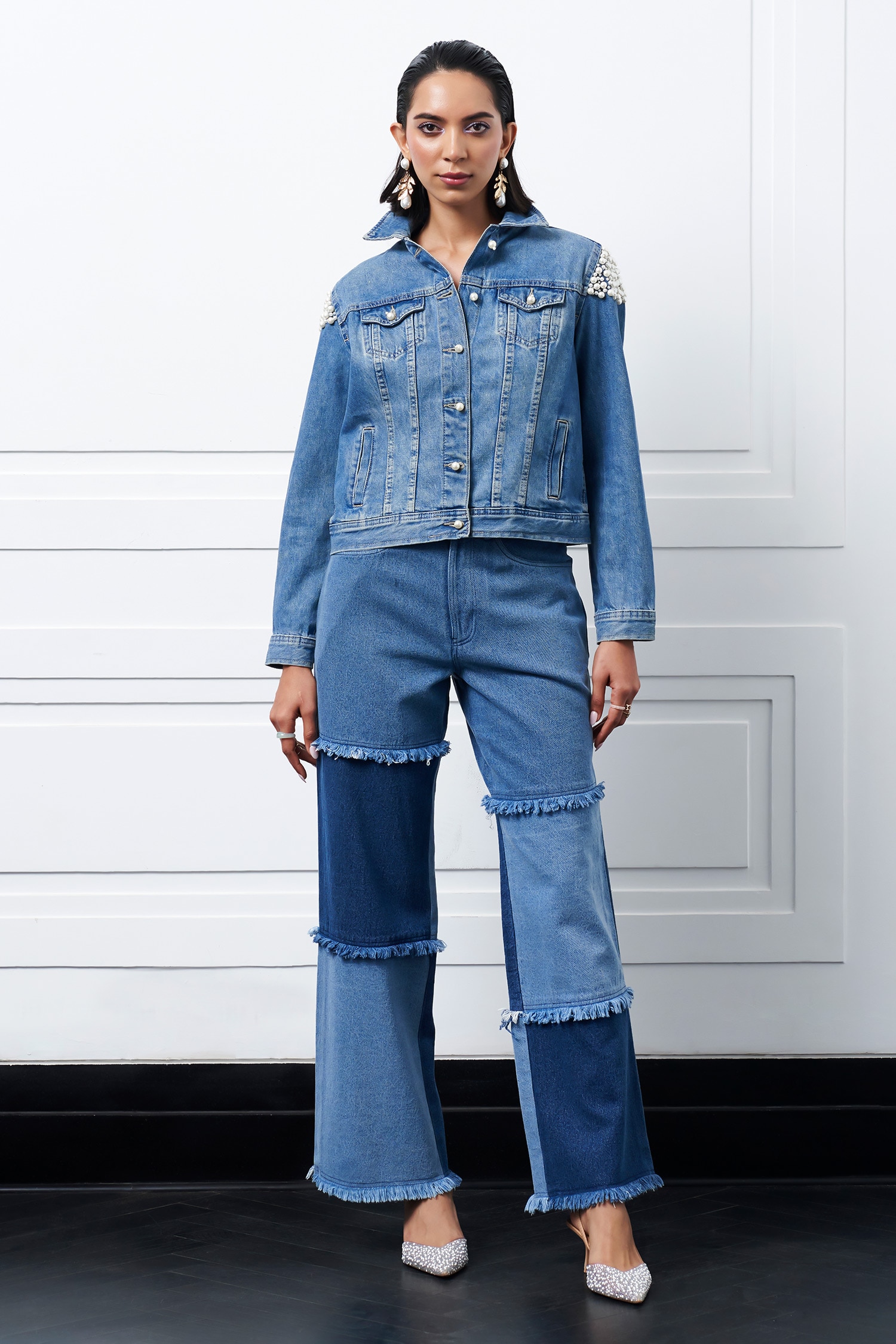 Buy Blue Denim Pearls Collared Embellished Jacket And Pant Set For