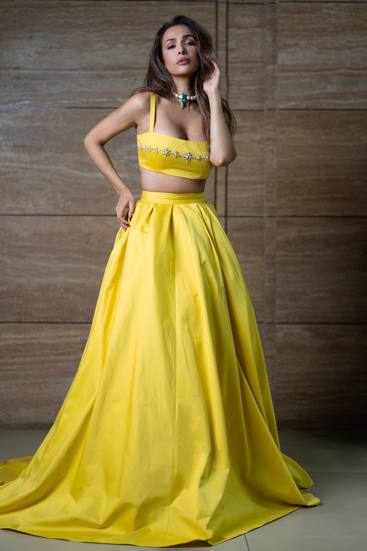 Buy Yellow Cotton Canary Plain Long Skirt For Women by Gauri - Main Image