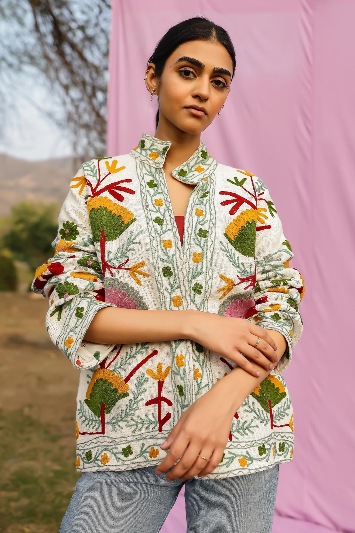 Buy Multi Color Cotton Embroidery Collared Sujani Floral Jacket