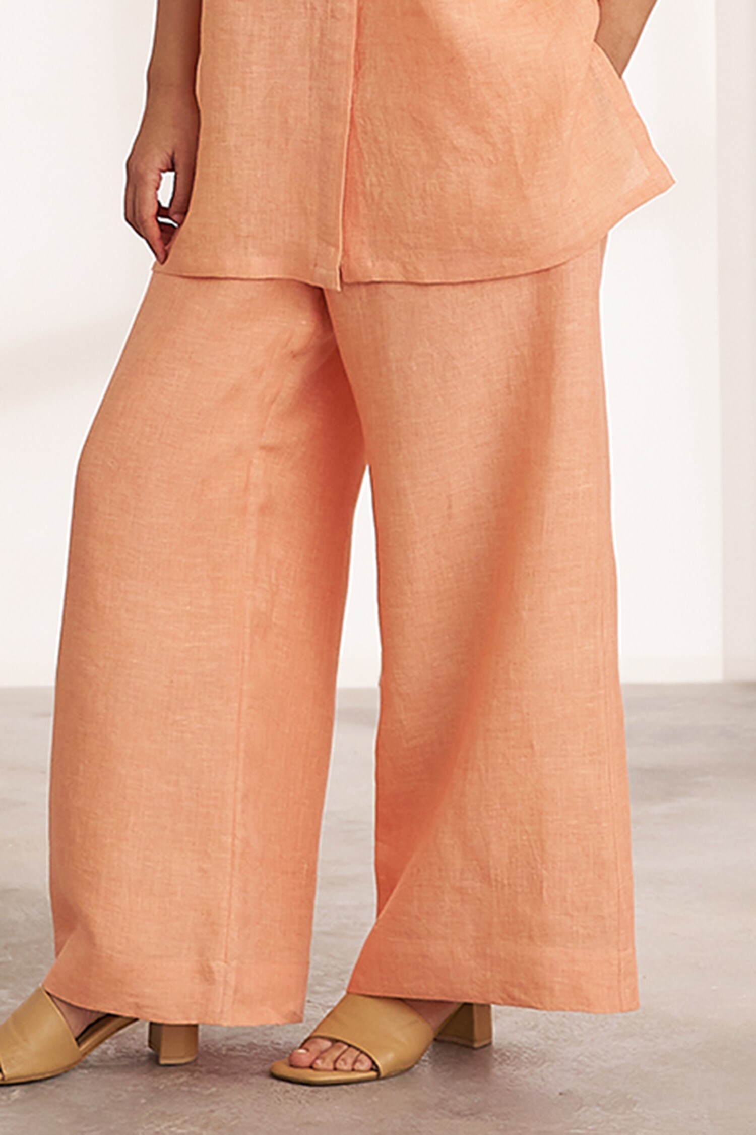 Buy Peach Linen Collared Relaxed Shirt And Wide-leg Pant Set For