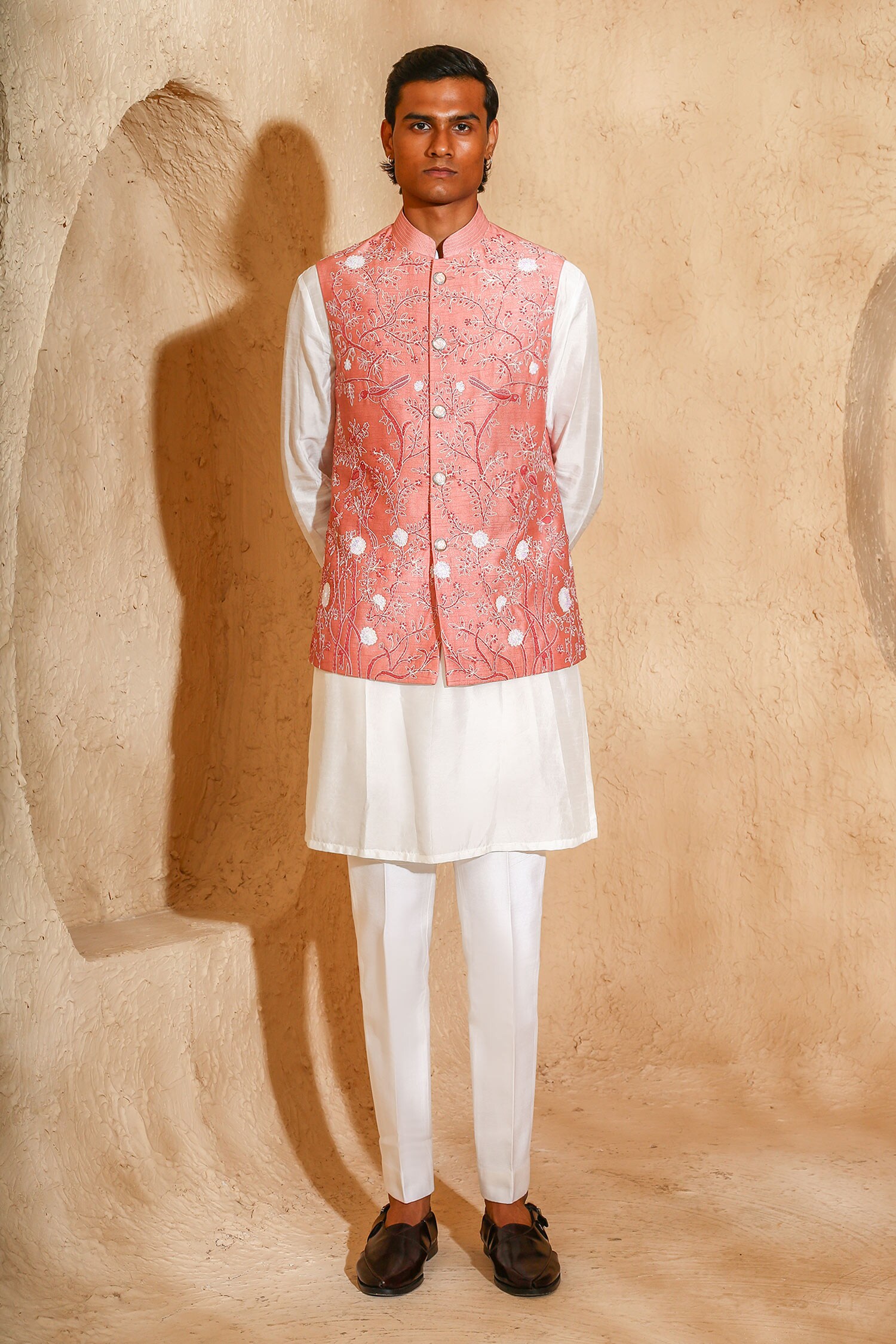 Buy Pink Silk Embroidery, Beads Bird Motif Nehru Jacket And Kurta
